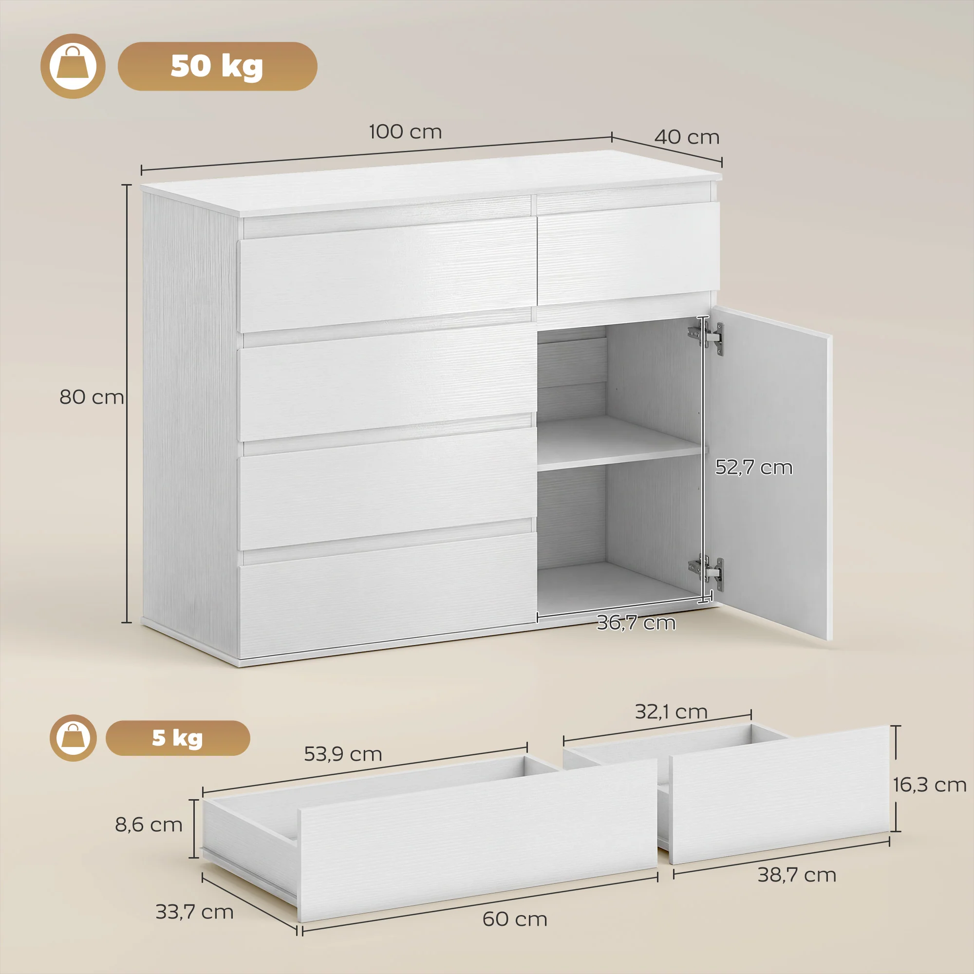 Buffet salon, meuble de rangement avec 5 tiroirs, étagère réglable et porte à fermeture douce, style moderne, buffet salle à manger et cuisine, 100 x 40 x 80 cm, blanc - Image 4