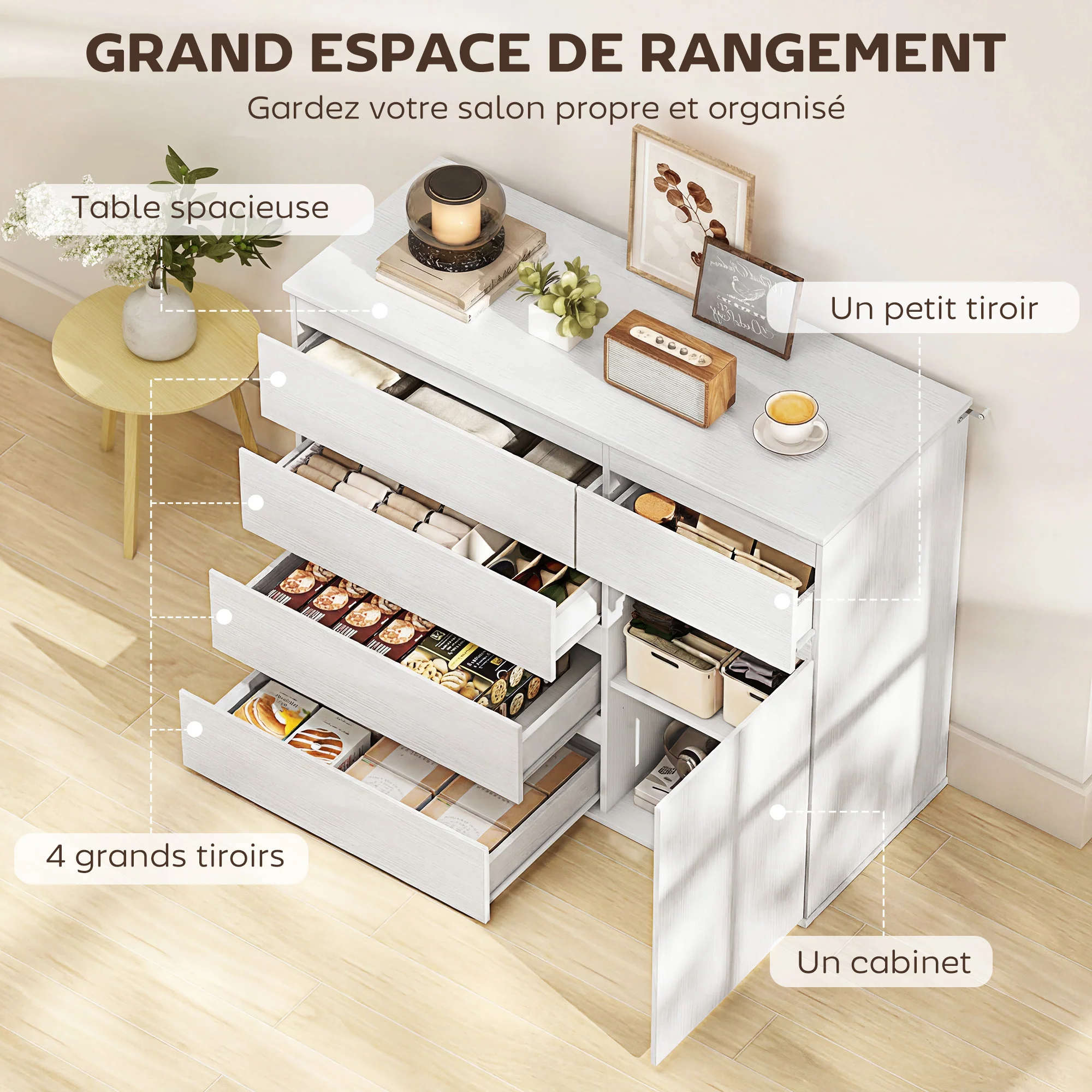 Buffet salon, meuble de rangement avec 5 tiroirs, étagère réglable et porte à fermeture douce, style moderne, buffet salle à manger et cuisine, 100 x 40 x 80 cm, blanc - Image 5