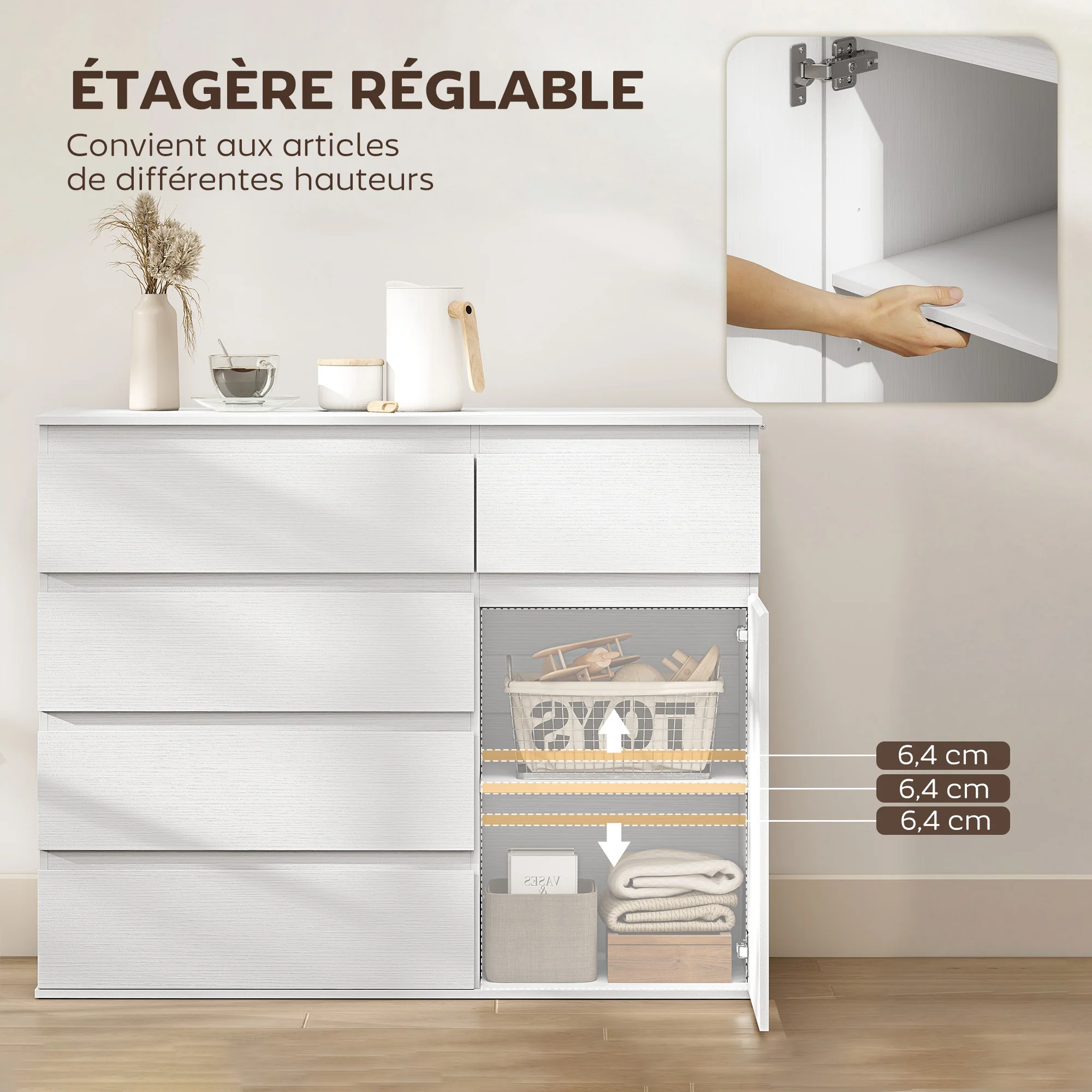 Buffet salon, meuble de rangement avec 5 tiroirs, étagère réglable et porte à fermeture douce, style moderne, buffet salle à manger et cuisine, 100 x 40 x 80 cm, blanc - Image 6