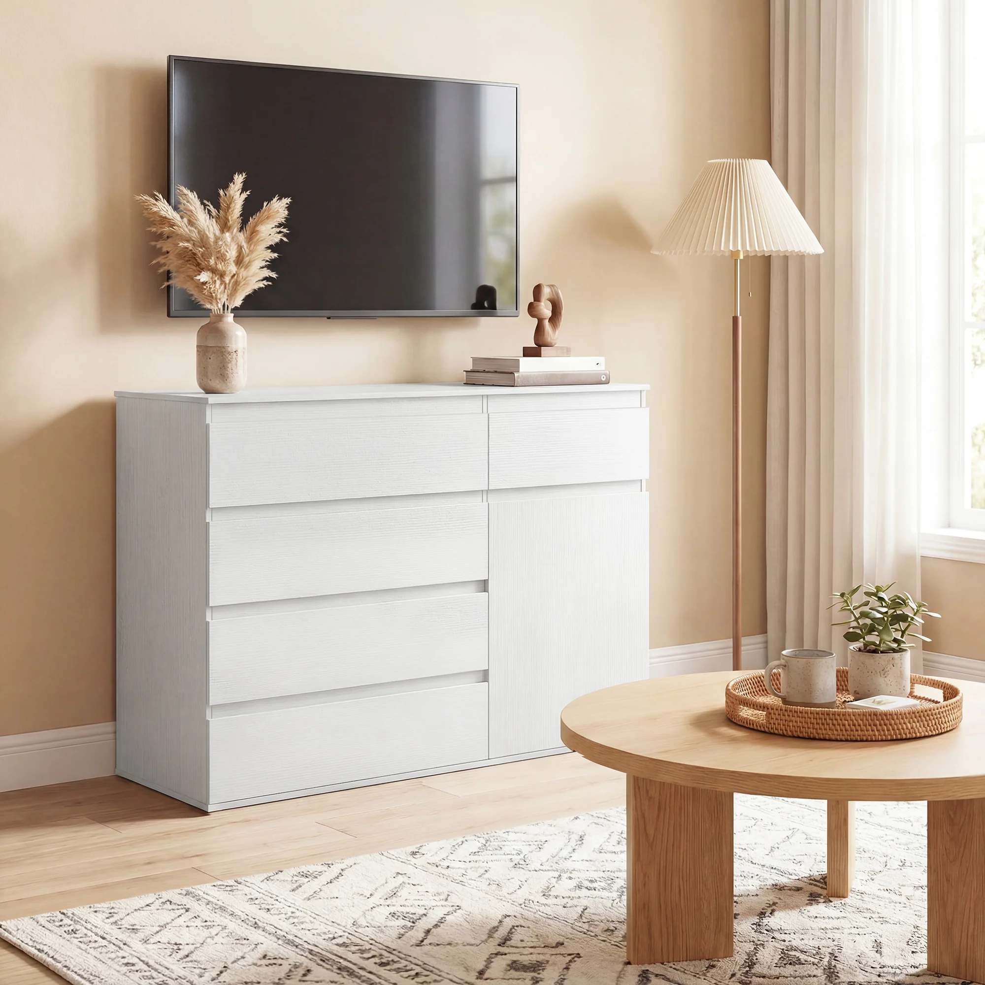 Buffet salon, meuble de rangement avec 5 tiroirs, étagère réglable et porte à fermeture douce, style moderne, buffet salle à manger et cuisine, 100 x 40 x 80 cm, blanc - Image 9
