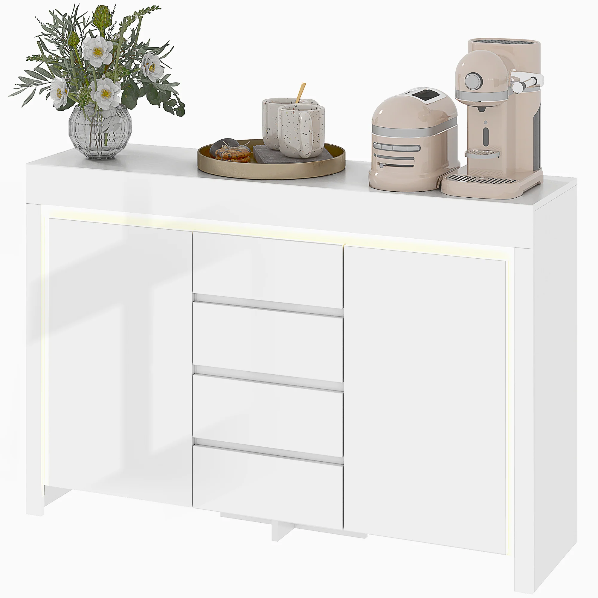 Buffet salon, meuble de rangement avec éclairage LED 4 tiroirs portes à fermeture douce et étagères réglables, style moderne, buffet salle à manger et cuisine, 120 x 34 x 80 cm, blanc brillant
