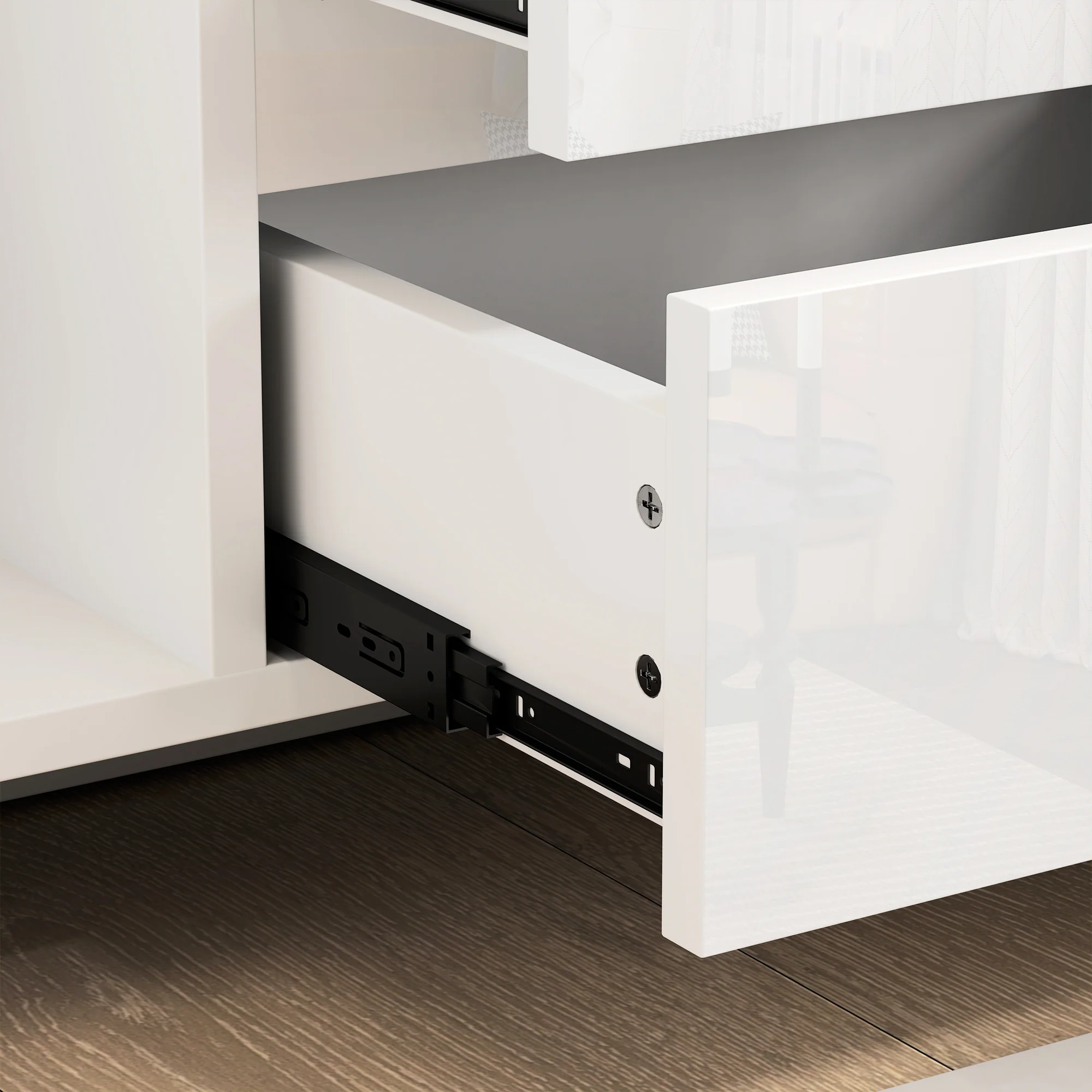Buffet salon, meuble de rangement avec éclairage LED 4 tiroirs portes à fermeture douce et étagères réglables, style moderne, buffet salle à manger et cuisine, 120 x 34 x 80 cm, blanc brillant - Image 10