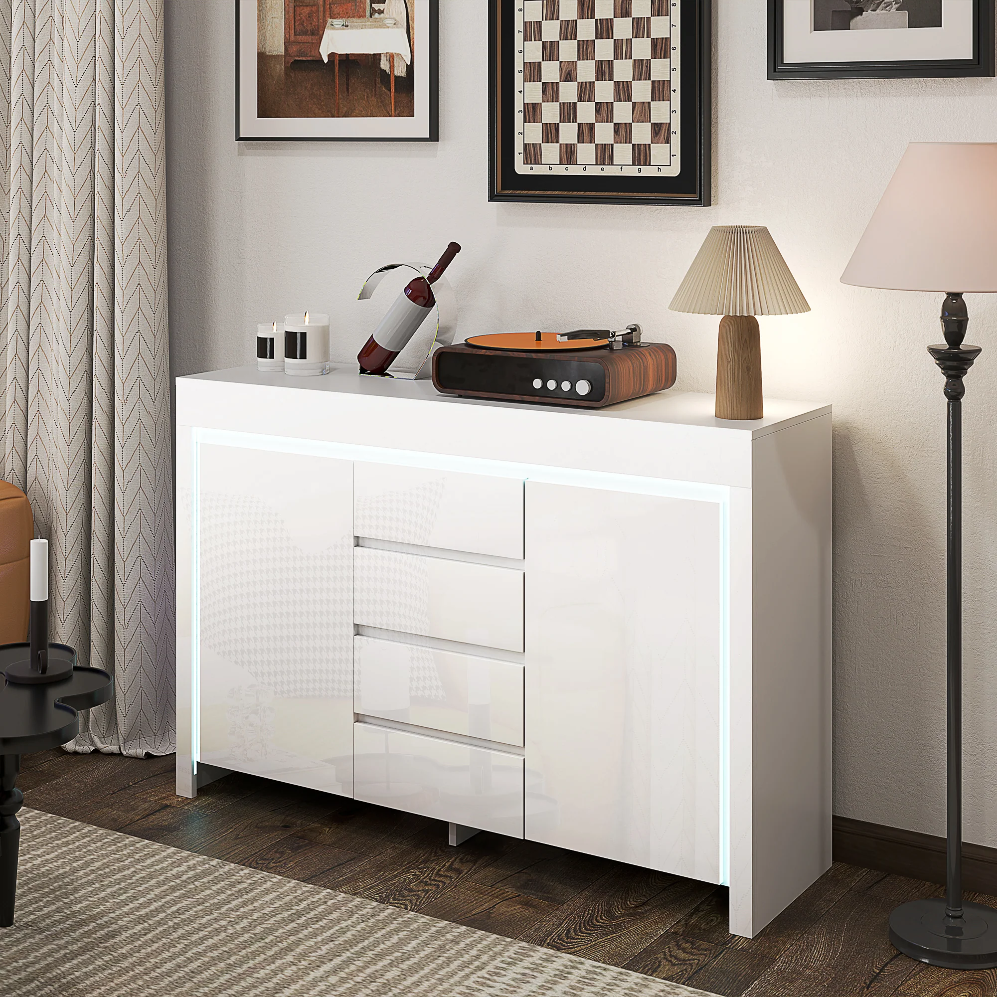 Buffet salon, meuble de rangement avec éclairage LED 4 tiroirs portes à fermeture douce et étagères réglables, style moderne, buffet salle à manger et cuisine, 120 x 34 x 80 cm, blanc brillant - Image 11