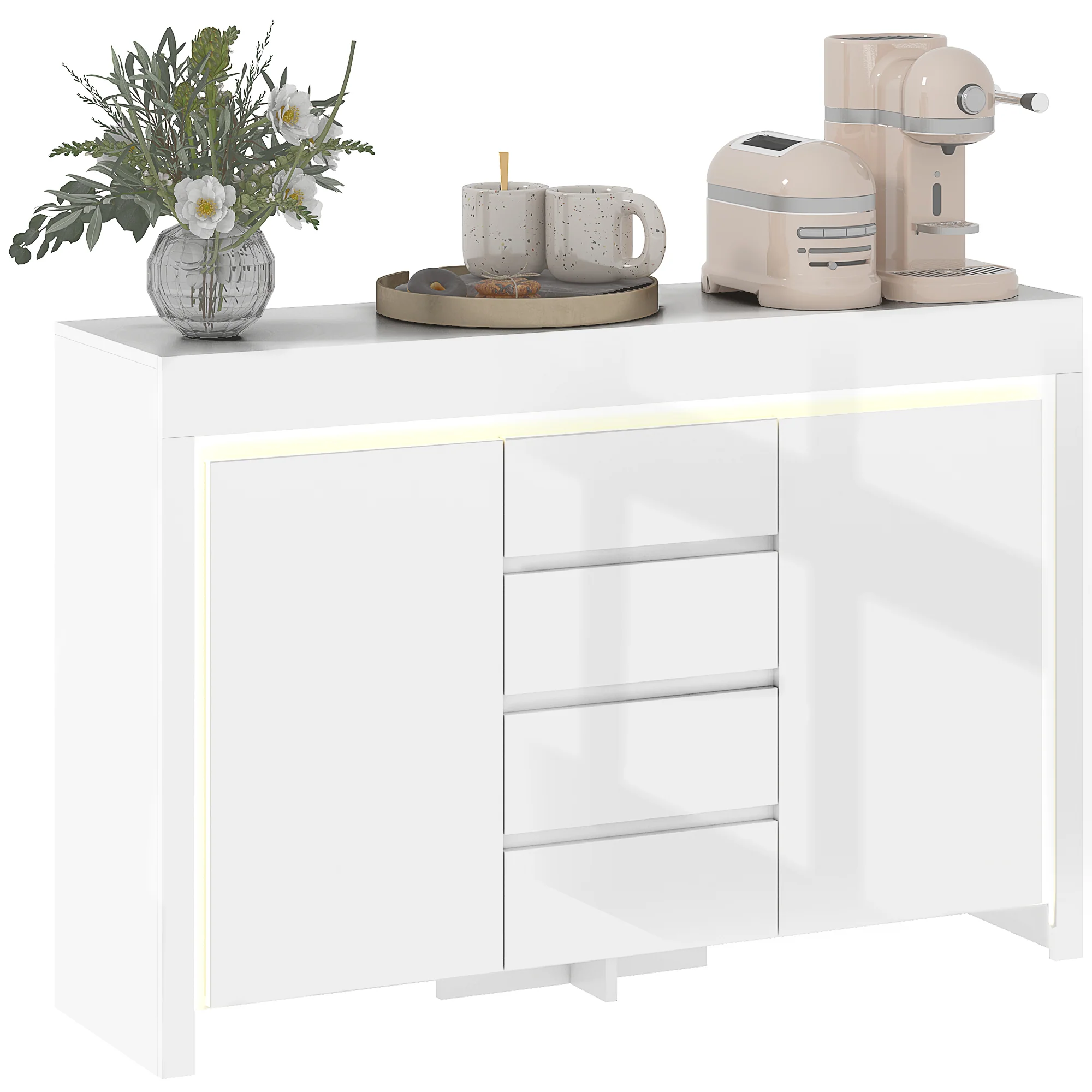 Buffet salon, meuble de rangement avec éclairage LED 4 tiroirs portes à fermeture douce et étagères réglables, style moderne, buffet salle à manger et cuisine, 120 x 34 x 80 cm, blanc brillant - Image 12