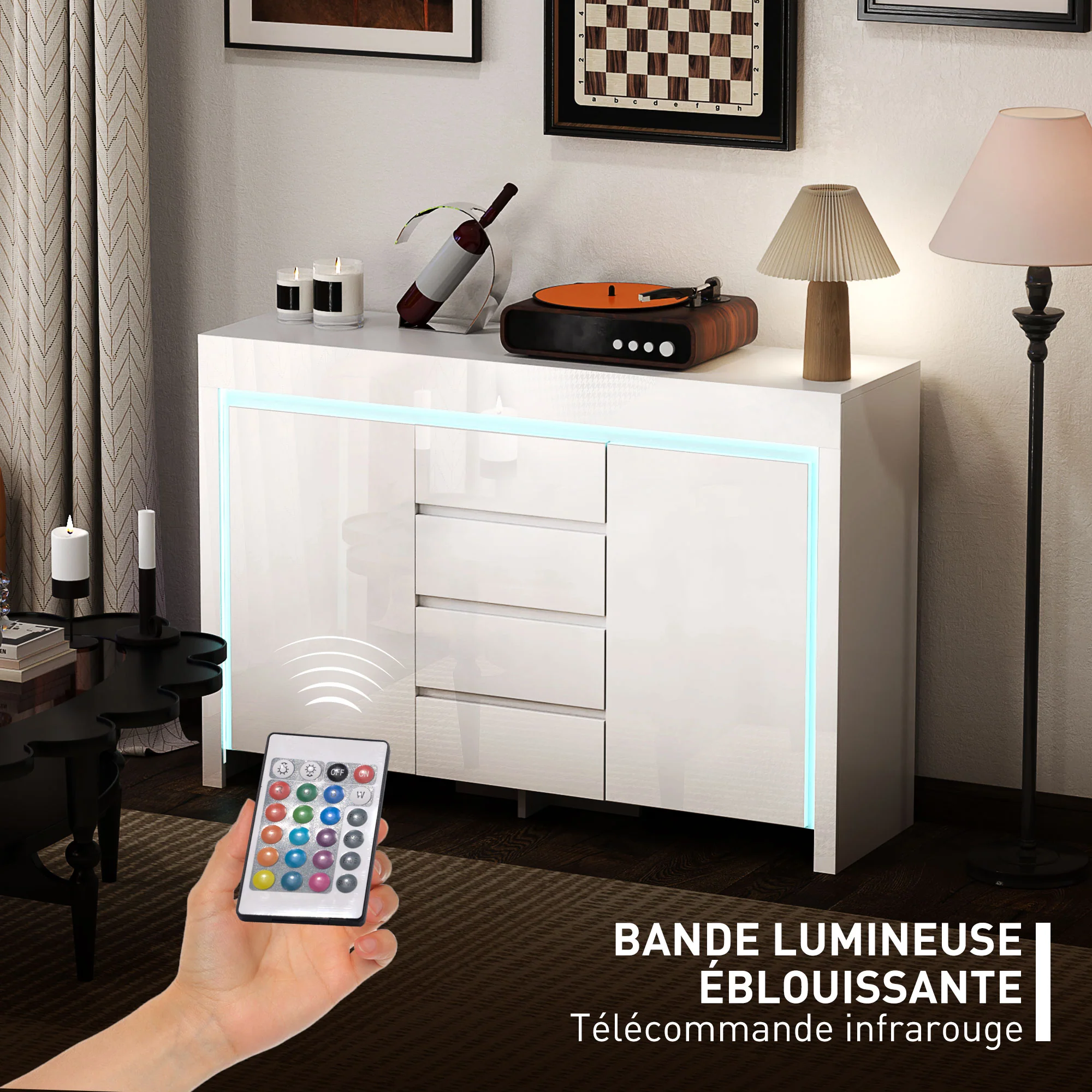 Buffet salon, meuble de rangement avec éclairage LED 4 tiroirs portes à fermeture douce et étagères réglables, style moderne, buffet salle à manger et cuisine, 120 x 34 x 80 cm, blanc brillant - Image 5