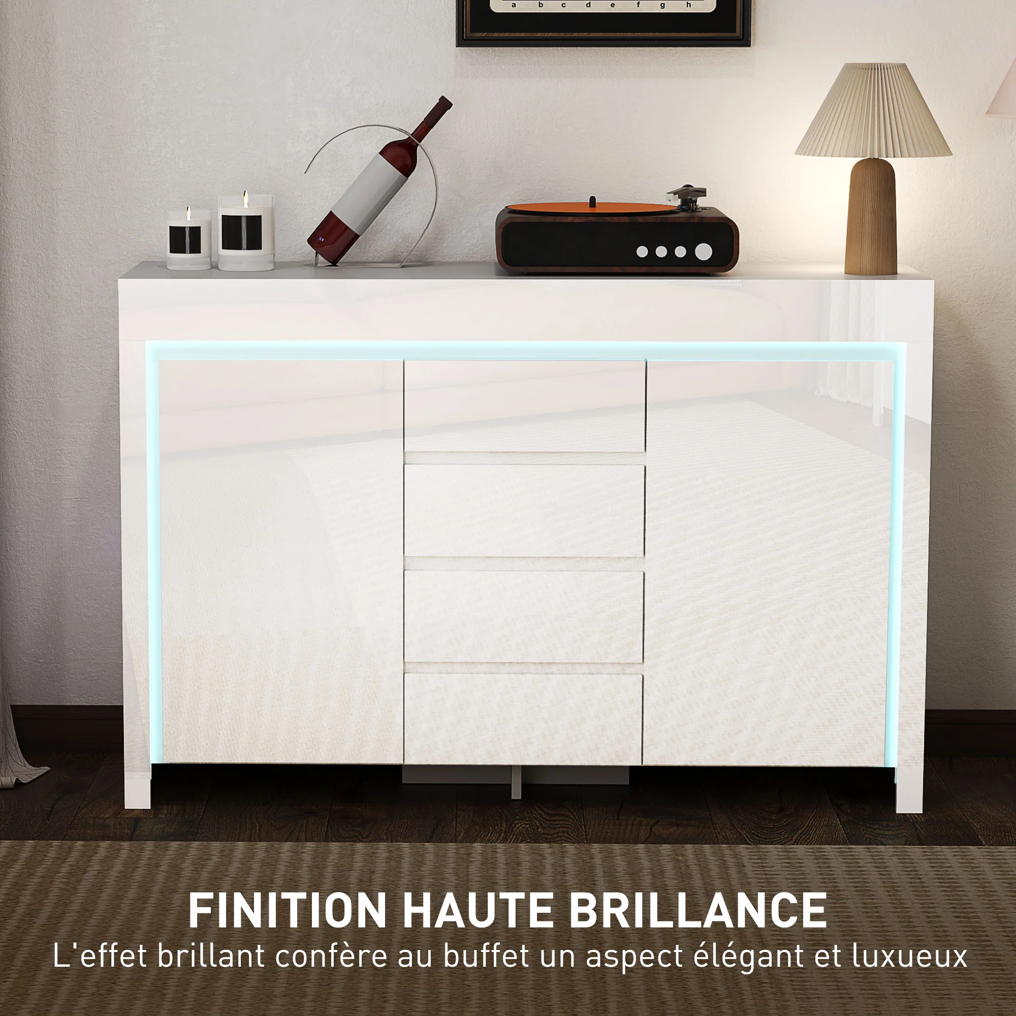 Buffet salon, meuble de rangement avec éclairage LED 4 tiroirs portes à fermeture douce et étagères réglables, style moderne, buffet salle à manger et cuisine, 120 x 34 x 80 cm, blanc brillant - Image 6