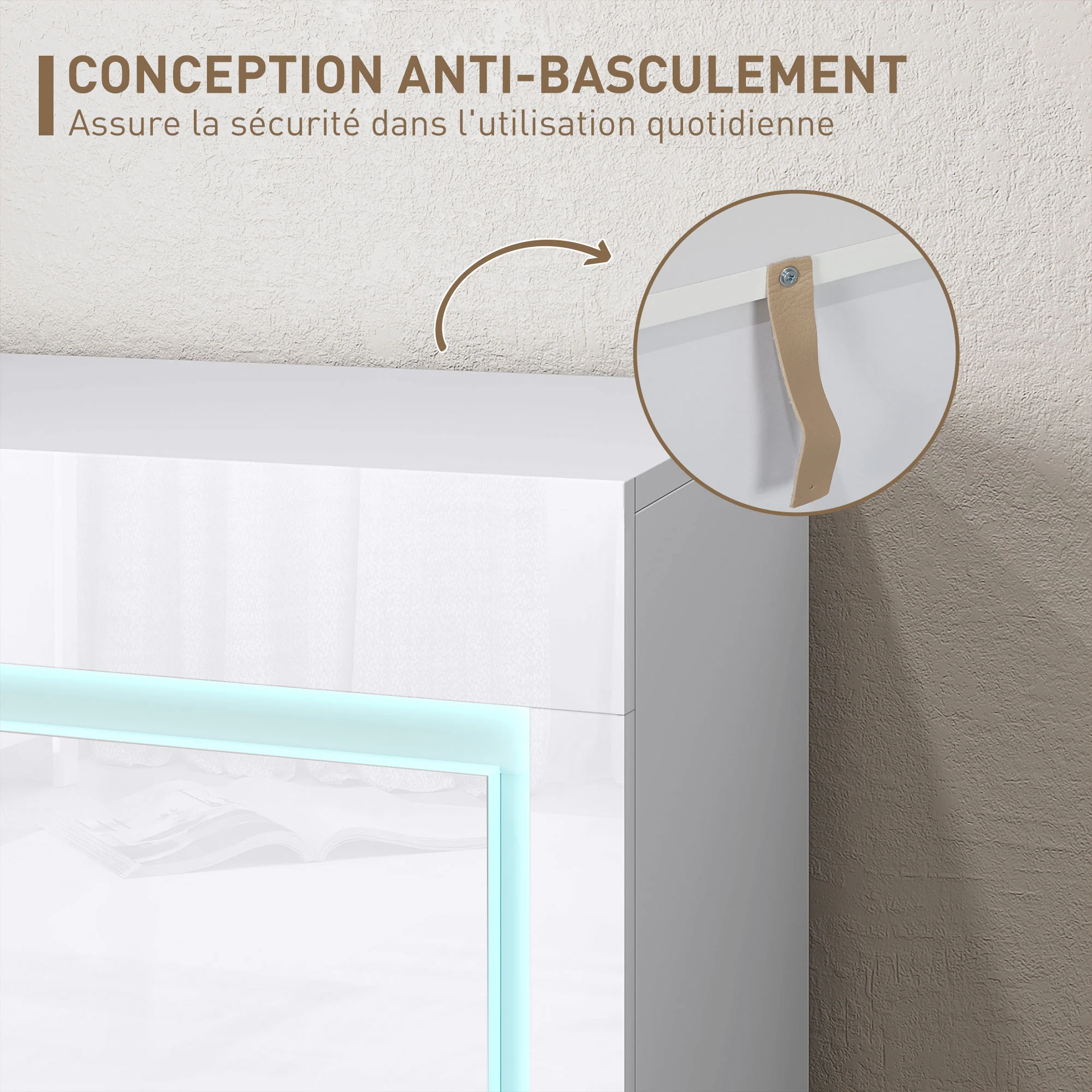 Buffet salon, meuble de rangement avec éclairage LED 4 tiroirs portes à fermeture douce et étagères réglables, style moderne, buffet salle à manger et cuisine, 120 x 34 x 80 cm, blanc brillant - Image 8