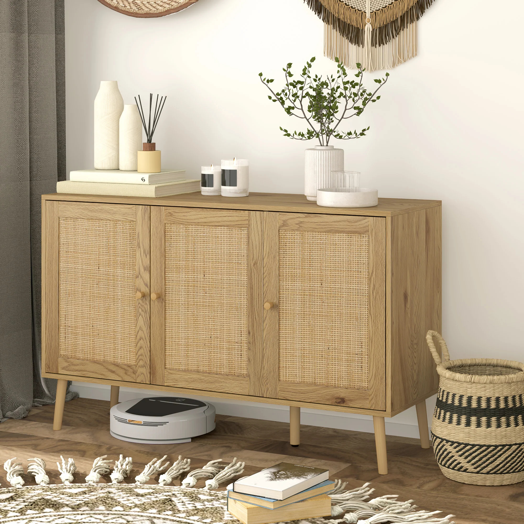 Buffet salon meuble de rangement avec placards à portes en rotin et étagère réglable, pour salon, salle à manger, dim. 120 x 40 x 75 cm, bois naturel - Image 3