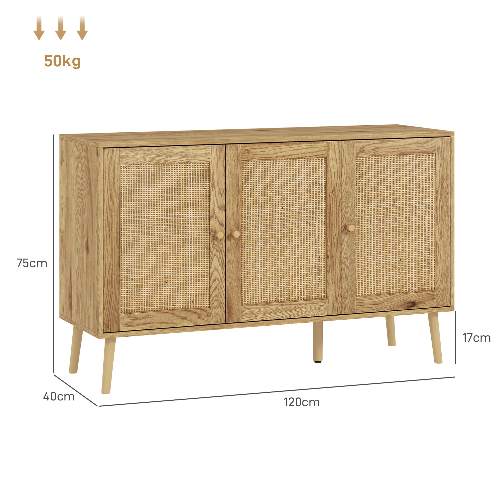 Buffet salon meuble de rangement avec placards à portes en rotin et étagère réglable, pour salon, salle à manger, dim. 120 x 40 x 75 cm, bois naturel - Image 4