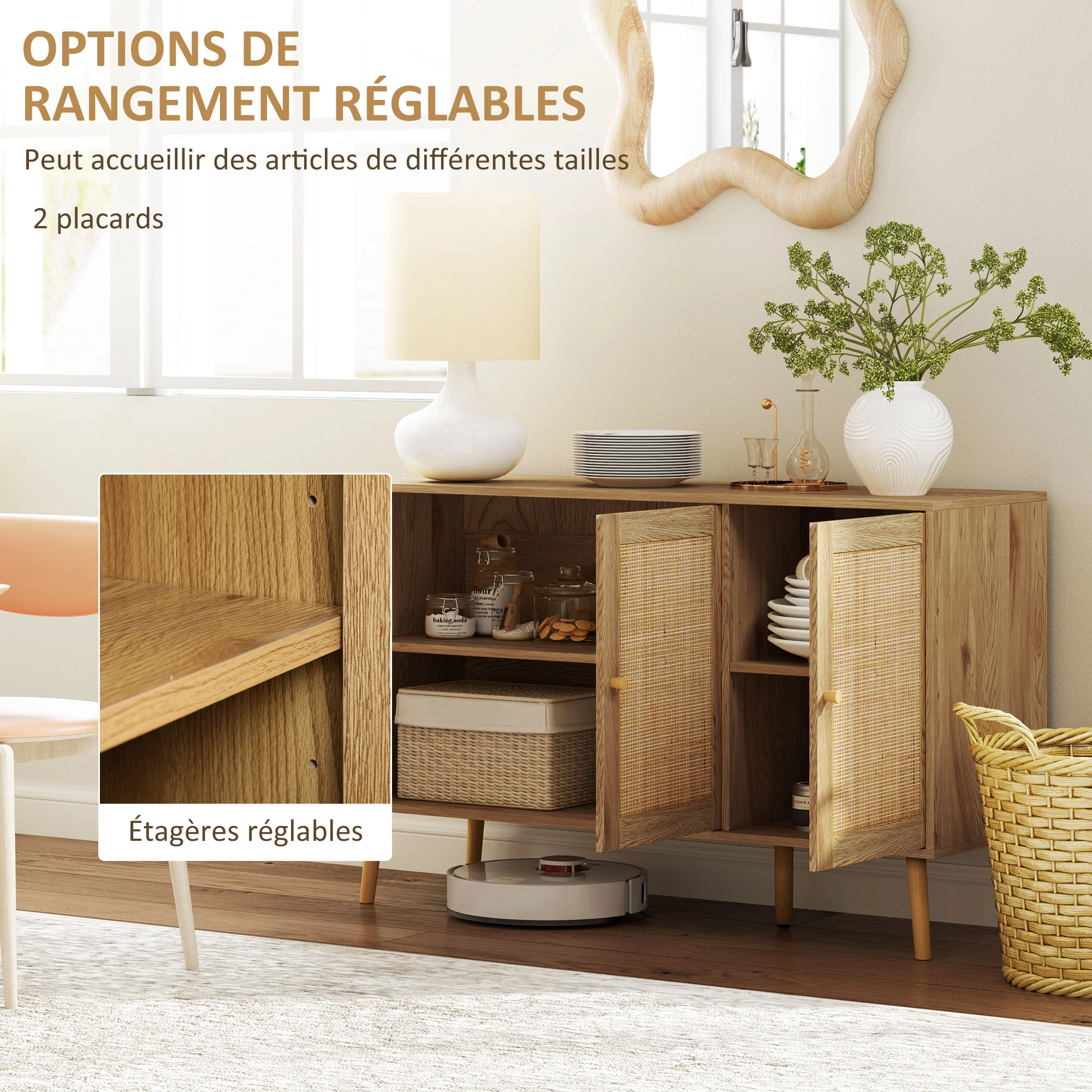 Buffet salon meuble de rangement avec placards à portes en rotin et étagère réglable, pour salon, salle à manger, dim. 120 x 40 x 75 cm, bois naturel - Image 5