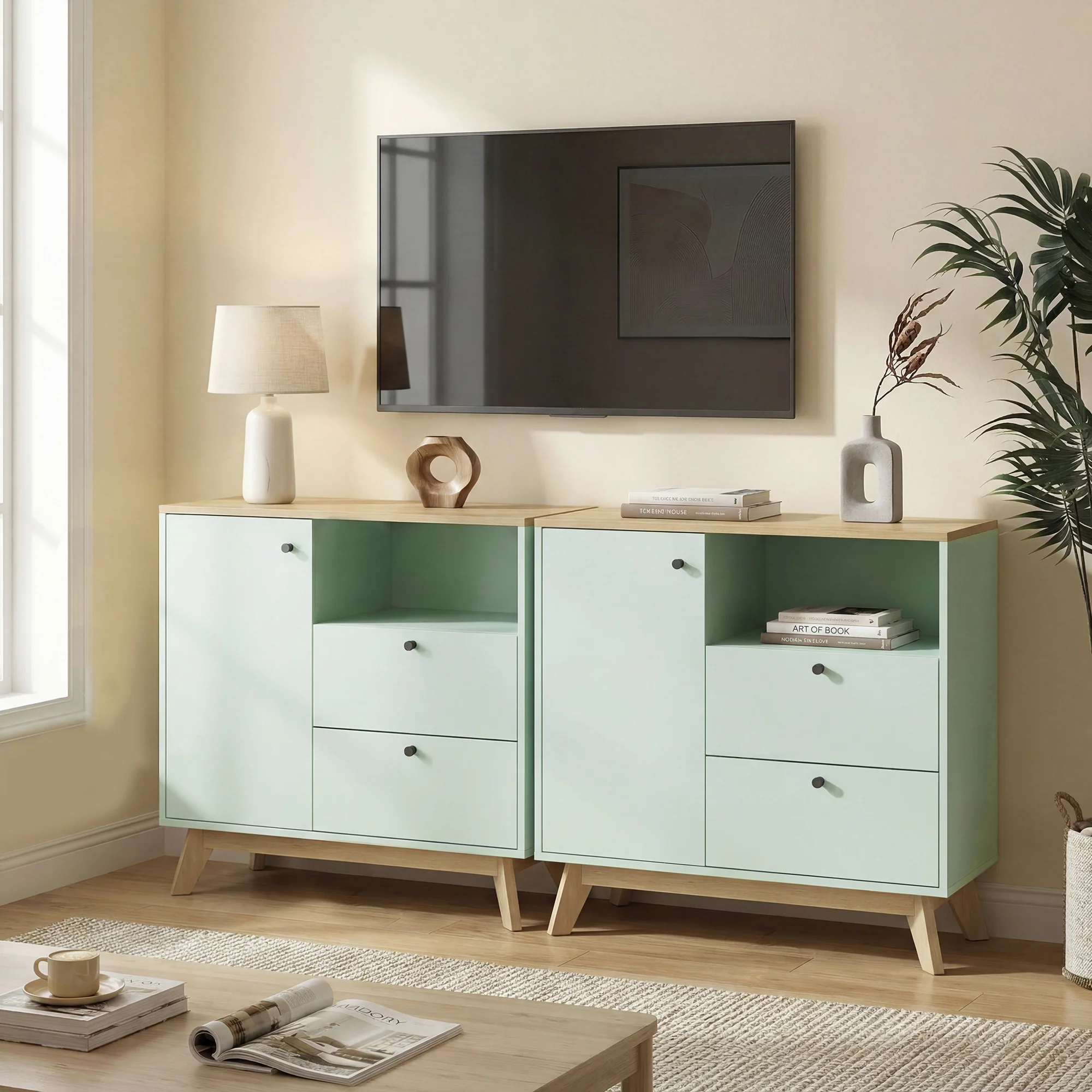 Buffet salon, meuble de rangement avec porte, 2 tiroirs, compartiment ouvert et étagère réglable, style moderne, buffet salle à manger et cuisine, 80 x 35 x 76,3 cm, vert clair et chêne - Image 10