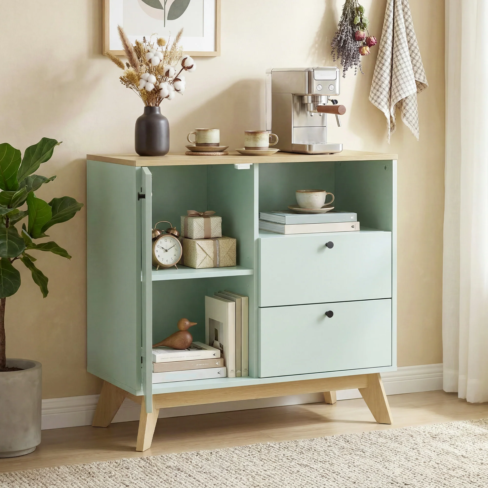 Buffet salon, meuble de rangement avec porte, 2 tiroirs, compartiment ouvert et étagère réglable, style moderne, buffet salle à manger et cuisine, 80 x 35 x 76,3 cm, vert clair et chêne - Image 11