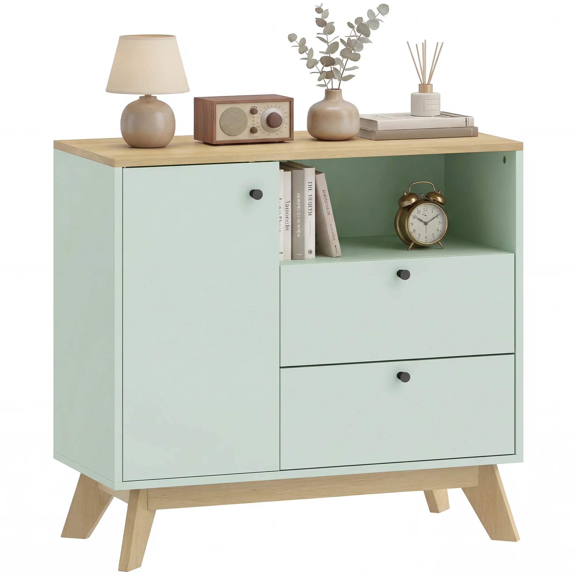 Buffet salon, meuble de rangement avec porte, 2 tiroirs, compartiment ouvert et étagère réglable, style moderne, buffet salle à manger et cuisine, 80 x 35 x 76,3 cm, vert clair et chêne - Image 12