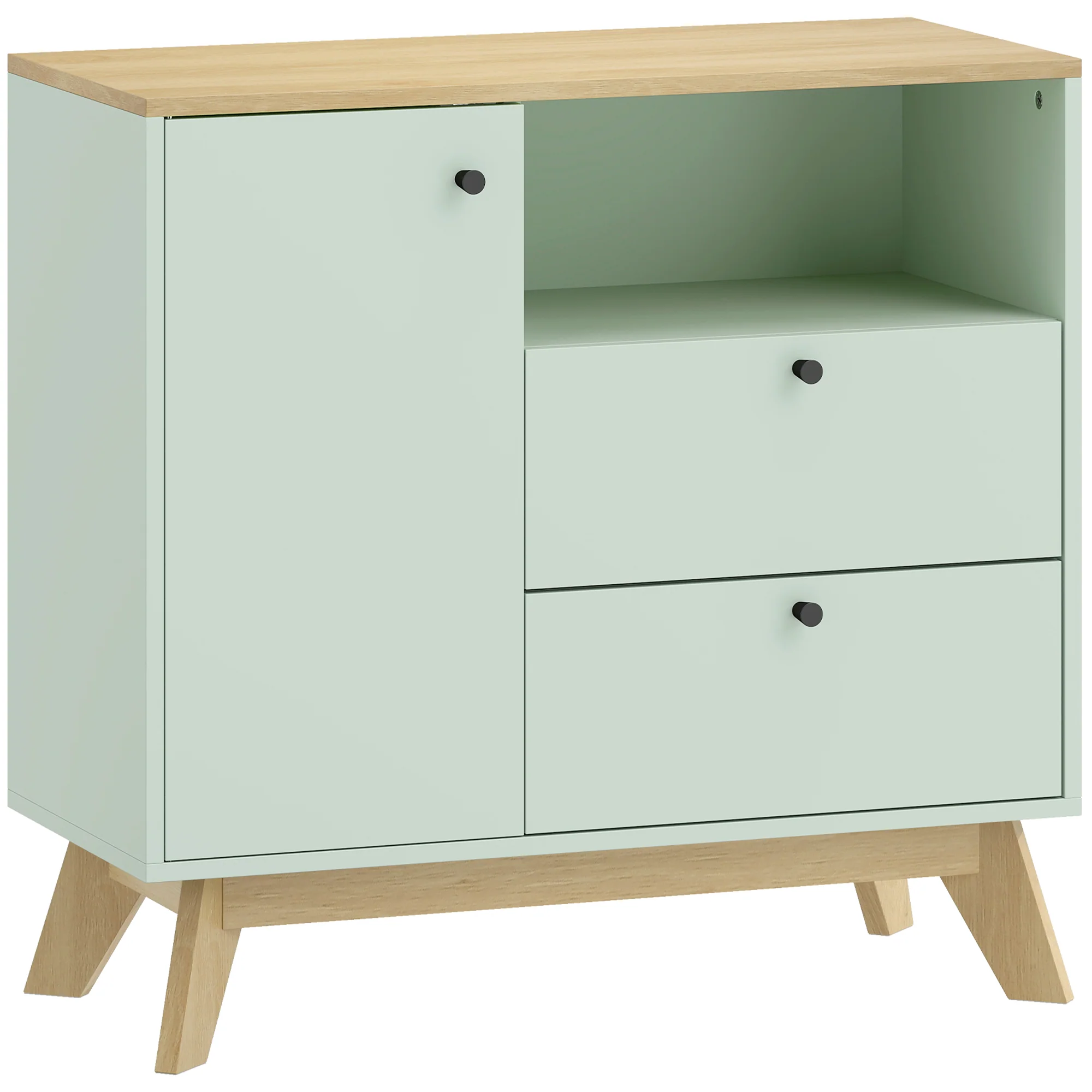 Buffet salon, meuble de rangement avec porte, 2 tiroirs, compartiment ouvert et étagère réglable, style moderne, buffet salle à manger et cuisine, 80 x 35 x 76,3 cm, vert clair et chêne - Image 2