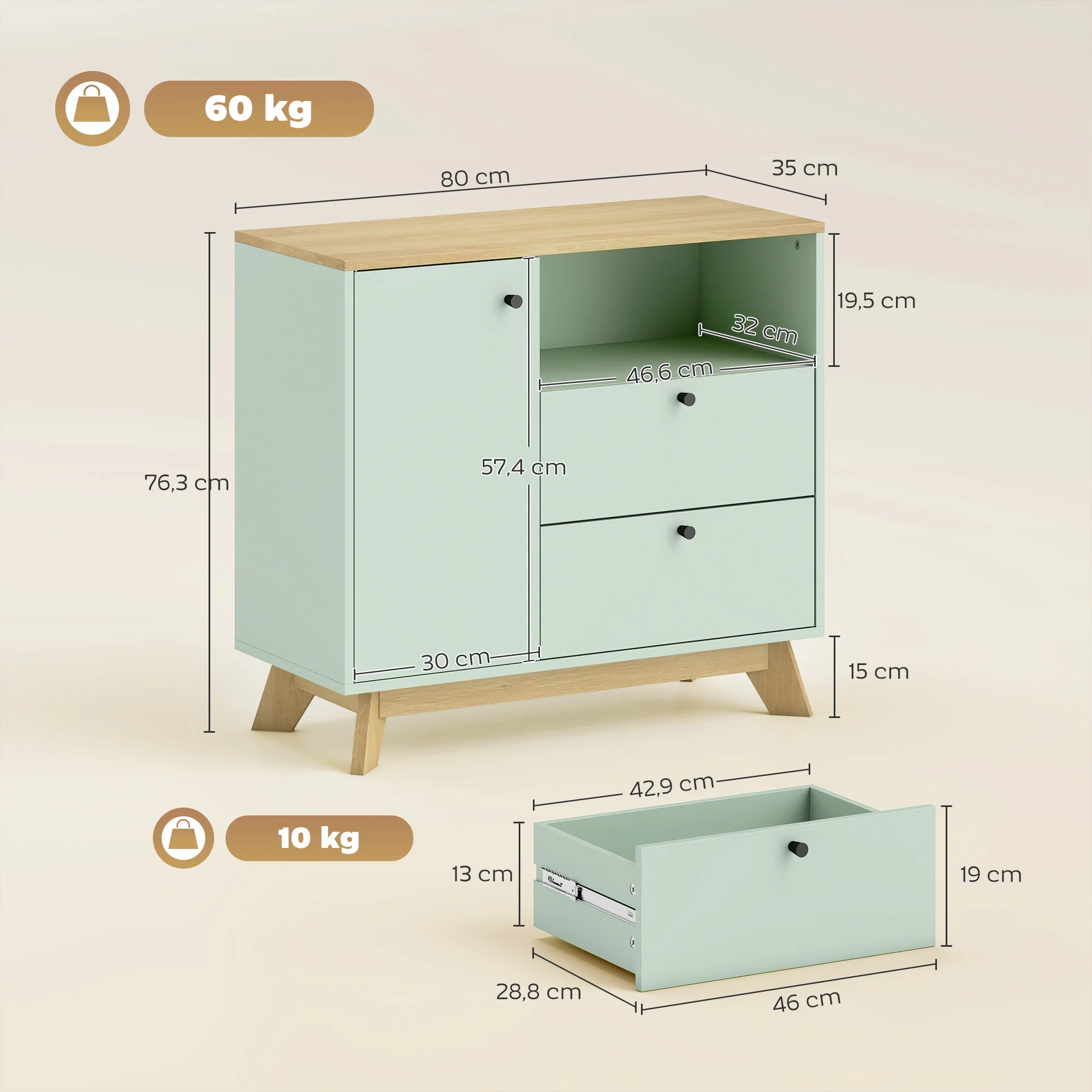 Buffet salon, meuble de rangement avec porte, 2 tiroirs, compartiment ouvert et étagère réglable, style moderne, buffet salle à manger et cuisine, 80 x 35 x 76,3 cm, vert clair et chêne - Image 4