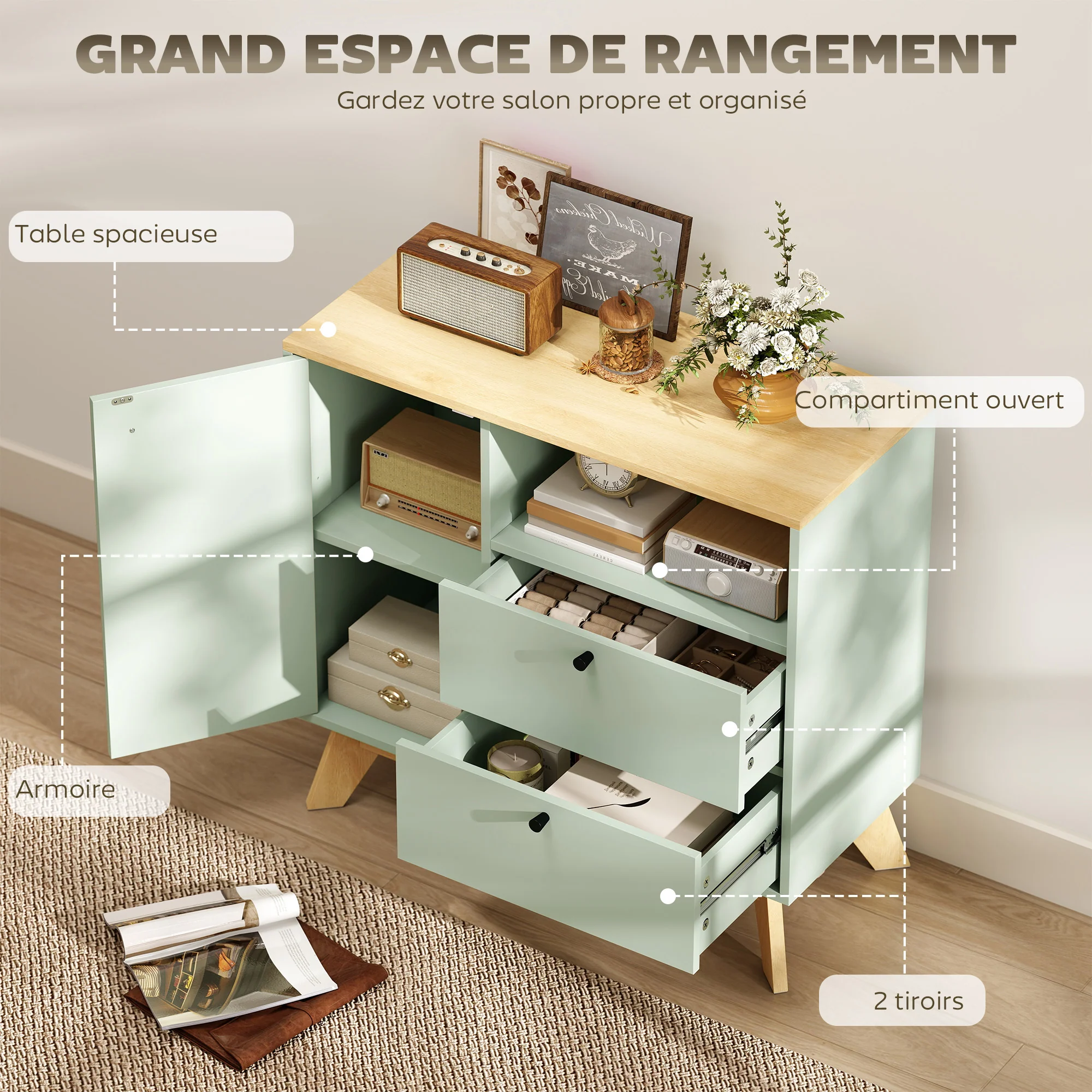 Buffet salon, meuble de rangement avec porte, 2 tiroirs, compartiment ouvert et étagère réglable, style moderne, buffet salle à manger et cuisine, 80 x 35 x 76,3 cm, vert clair et chêne - Image 5