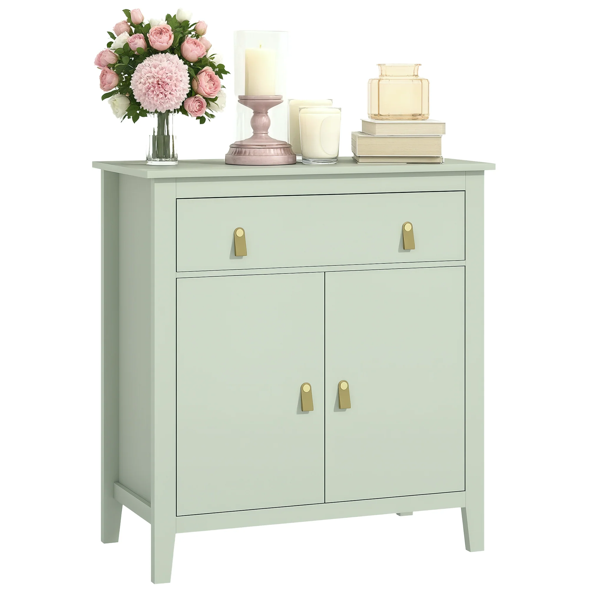 Buffet salon, meuble de rangement avec tiroir, double porte, étagère réglable, poignées en PU, style moderne, buffet salle à manger et cuisine, 80 x 40 x 90 cm, vert clair - Image 12