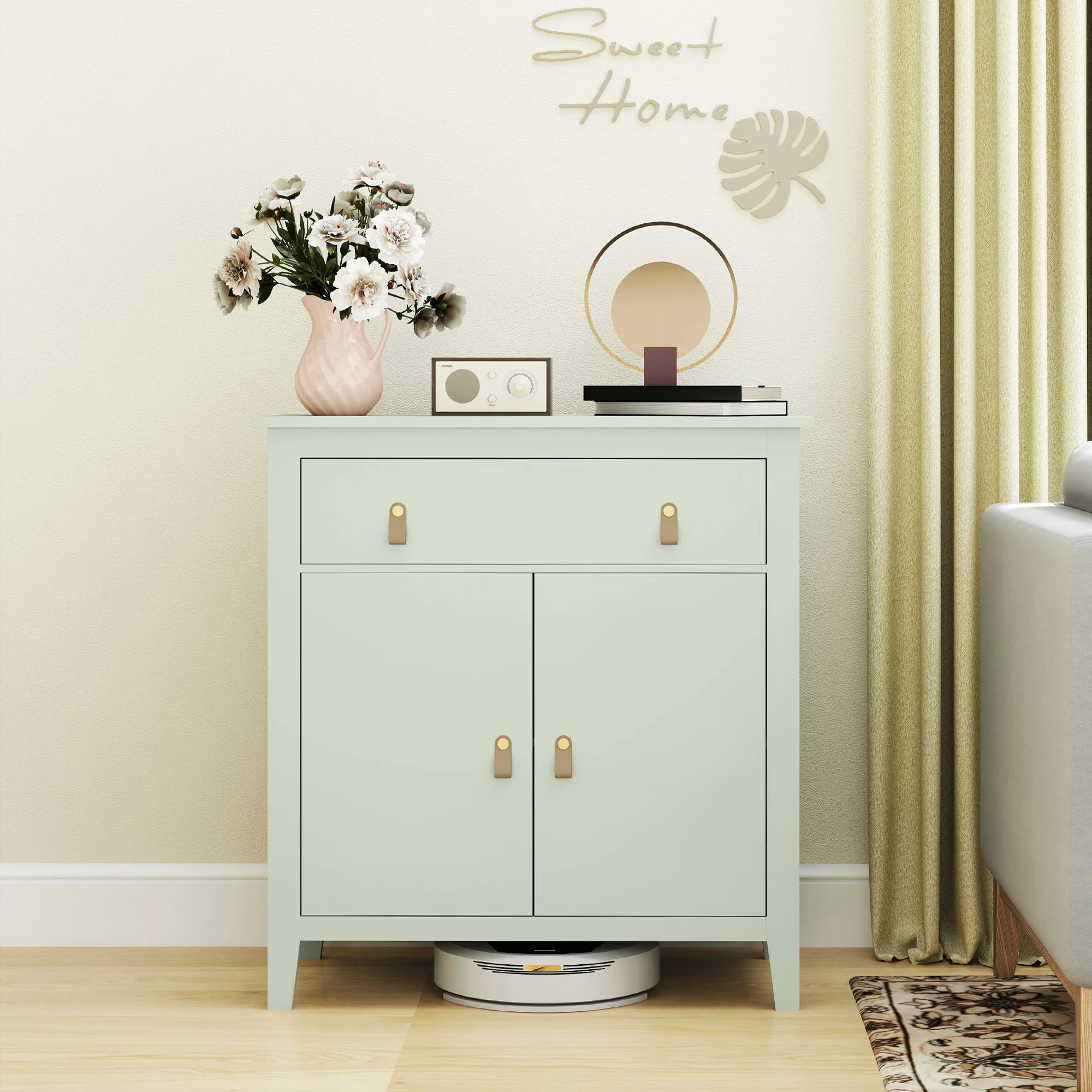 Buffet salon, meuble de rangement avec tiroir, double porte, étagère réglable, poignées en PU, style moderne, buffet salle à manger et cuisine, 80 x 40 x 90 cm, vert clair - Image 3