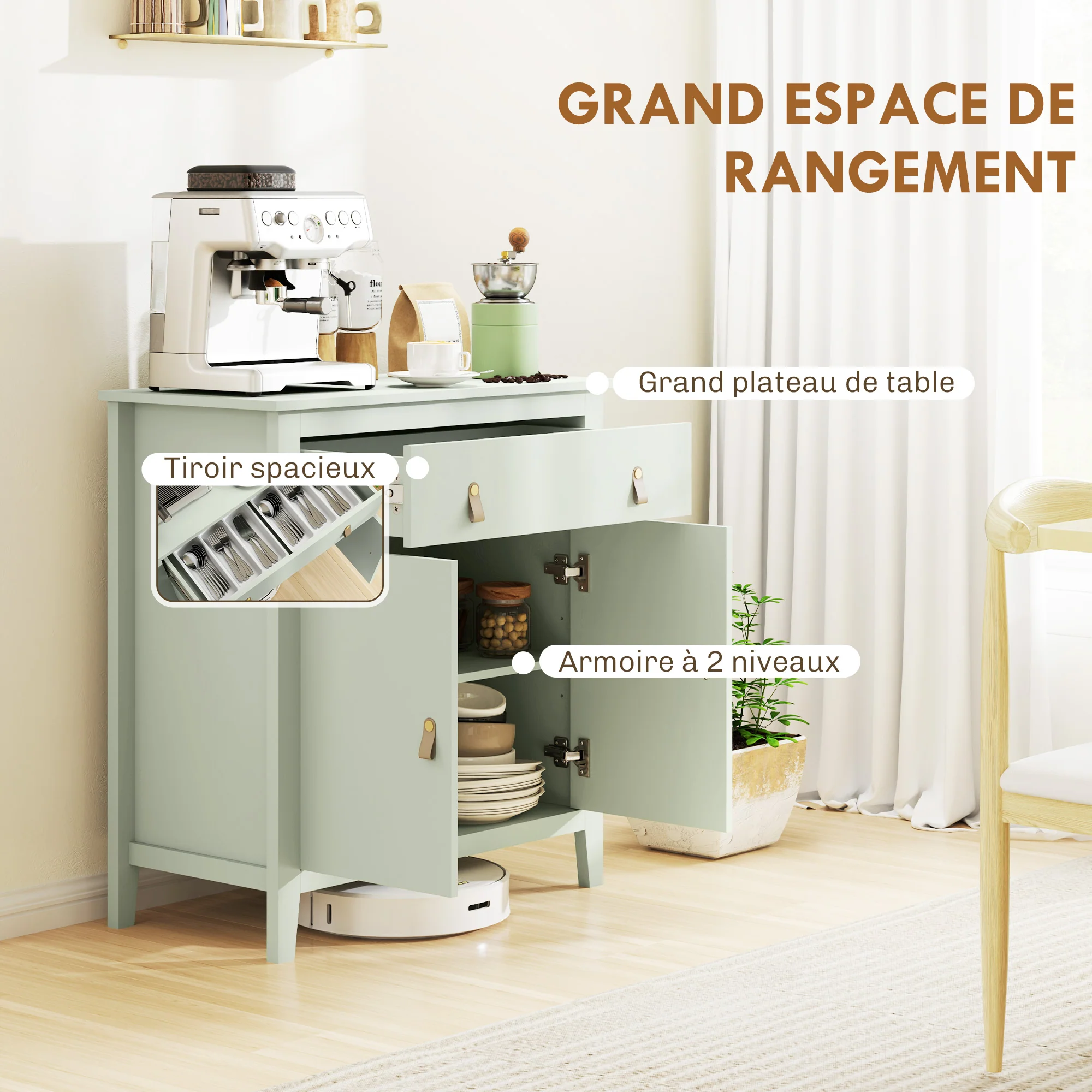 Buffet salon, meuble de rangement avec tiroir, double porte, étagère réglable, poignées en PU, style moderne, buffet salle à manger et cuisine, 80 x 40 x 90 cm, vert clair - Image 5