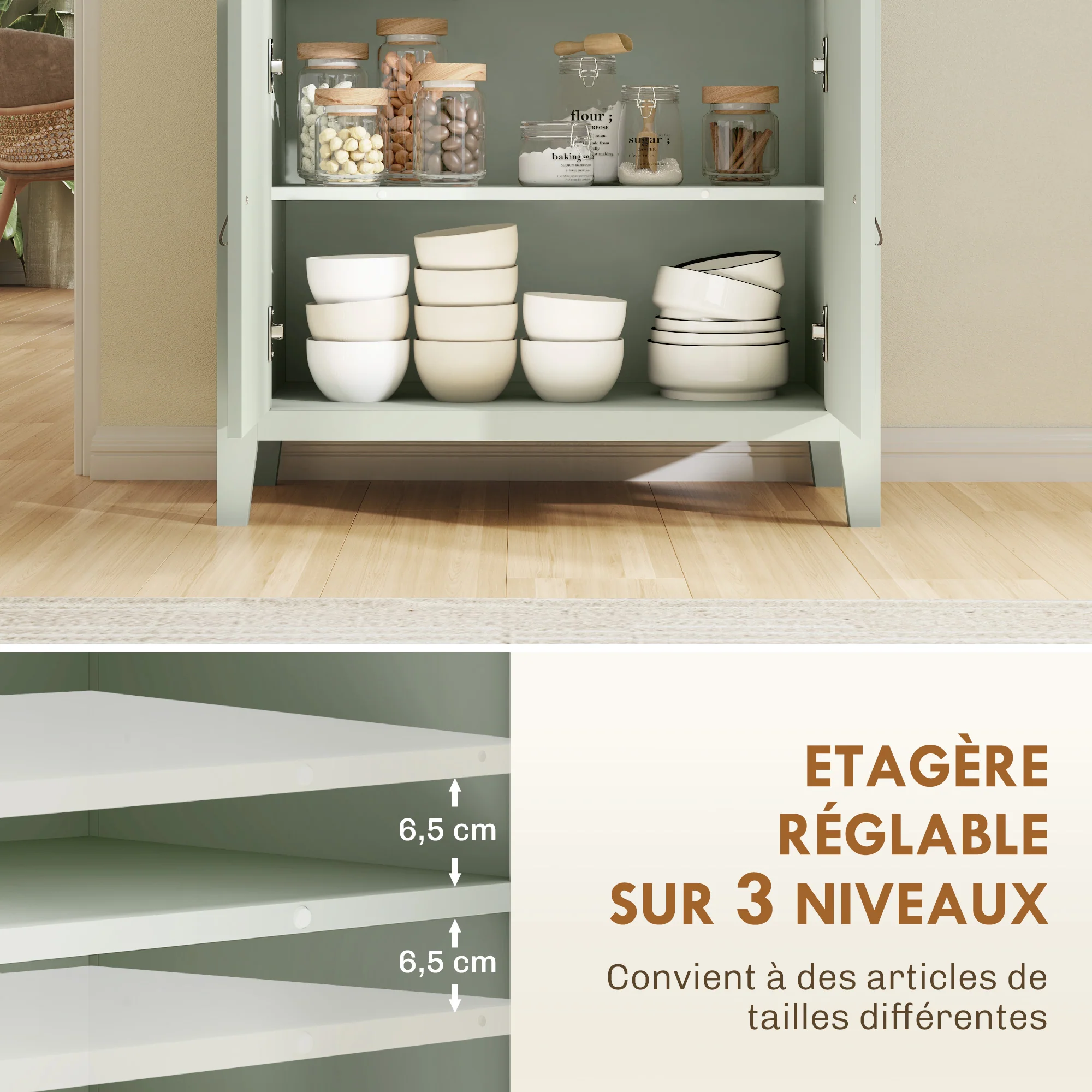 Buffet salon, meuble de rangement avec tiroir, double porte, étagère réglable, poignées en PU, style moderne, buffet salle à manger et cuisine, 80 x 40 x 90 cm, vert clair - Image 6
