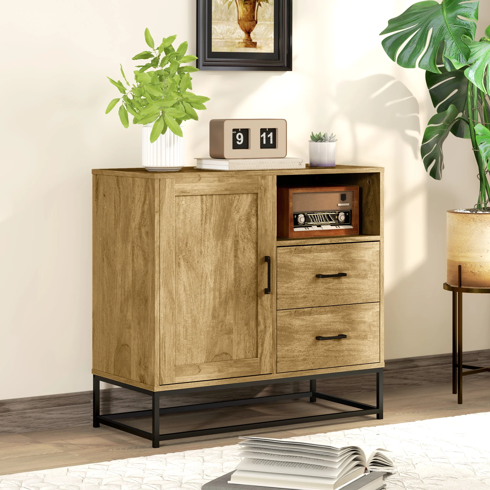 Buffet salon meuble de rangement style moderne avec 2 tiroirs, compartiment ouvert et étagère réglable - buffet salle à manger, cuisine et salon, 80 x 40 x 78 cm, bois naturel - Image 3