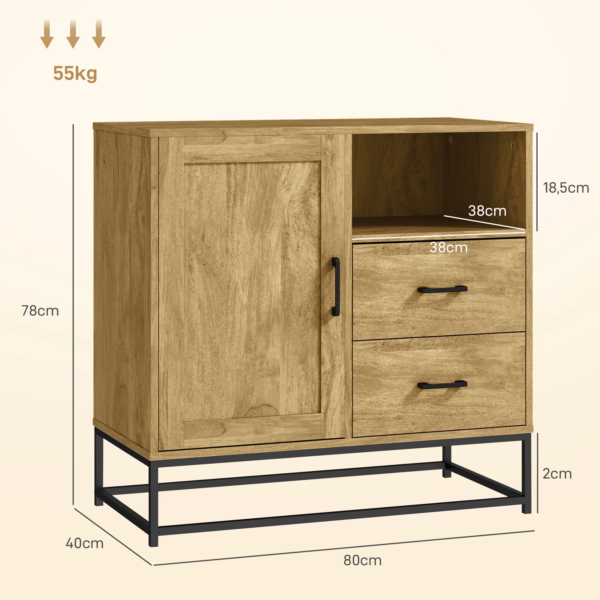 Buffet salon meuble de rangement style moderne avec 2 tiroirs, compartiment ouvert et étagère réglable - buffet salle à manger, cuisine et salon, 80 x 40 x 78 cm, bois naturel - Image 4