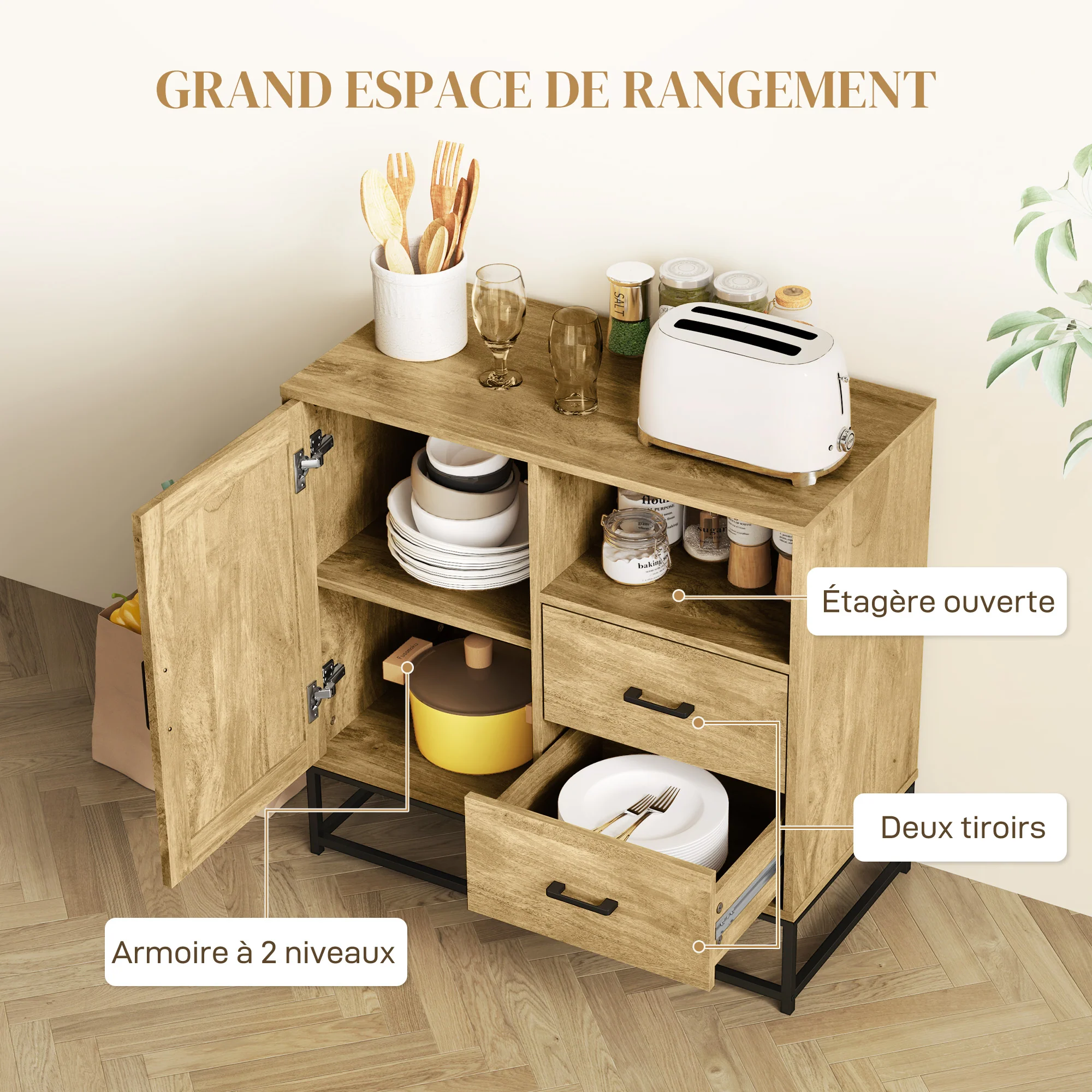 Buffet salon meuble de rangement style moderne avec 2 tiroirs, compartiment ouvert et étagère réglable - buffet salle à manger, cuisine et salon, 80 x 40 x 78 cm, bois naturel - Image 5