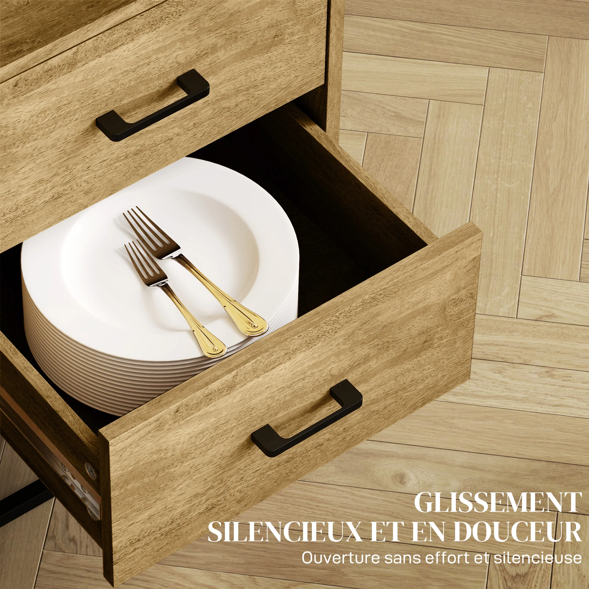 Buffet salon meuble de rangement style moderne avec 2 tiroirs, compartiment ouvert et étagère réglable - buffet salle à manger, cuisine et salon, 80 x 40 x 78 cm, bois naturel - Image 7