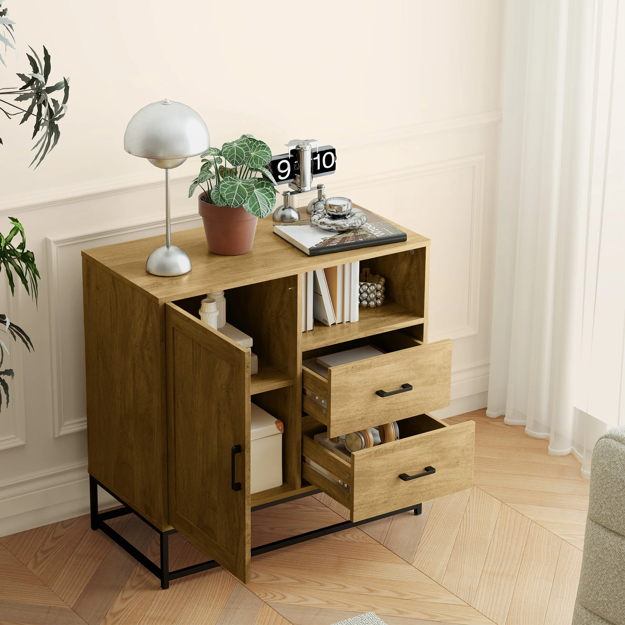 Buffet salon meuble de rangement style moderne avec 2 tiroirs, compartiment ouvert et étagère réglable - buffet salle à manger, cuisine et salon, 80 x 40 x 78 cm, bois naturel - Image 9