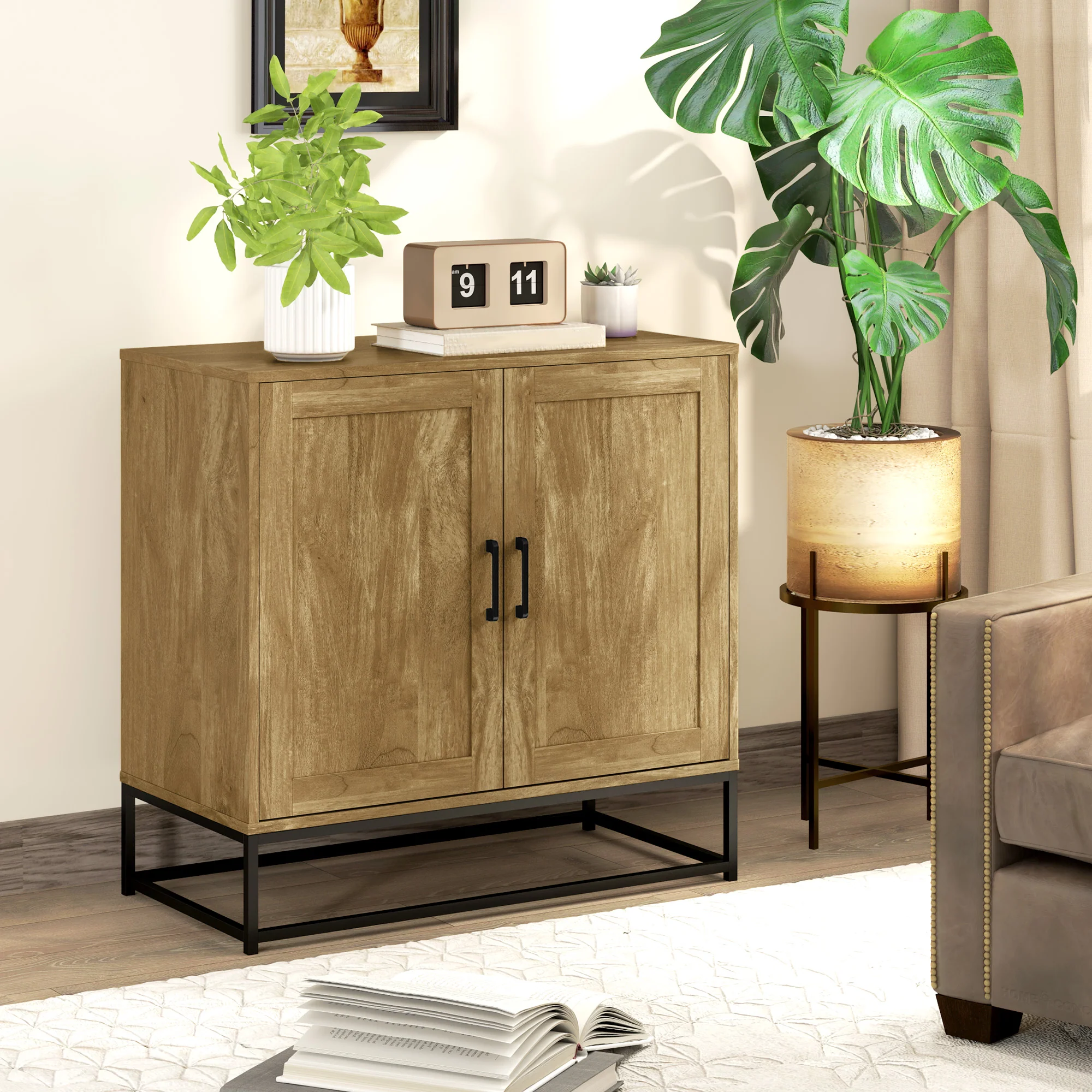 Buffet salon meuble de rangement style moderne avec placard à 2 portes, étagère réglable - buffet salle à manger et salon, 80 x 40 x 78 cm, bois naturel - Image 3