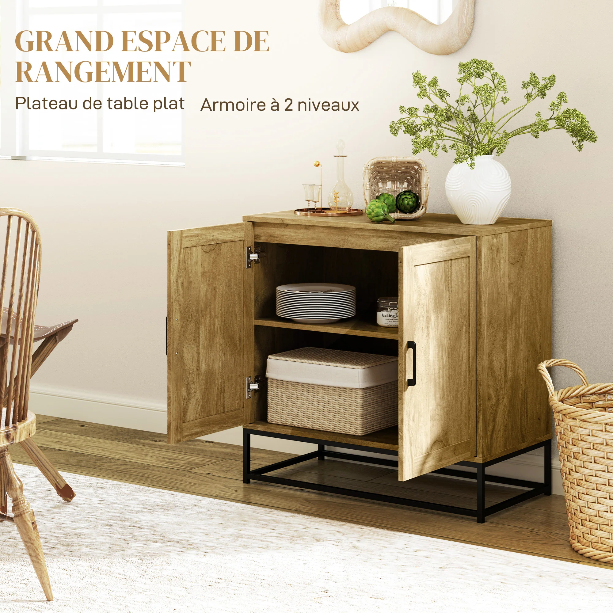 Buffet salon meuble de rangement style moderne avec placard à 2 portes, étagère réglable - buffet salle à manger et salon, 80 x 40 x 78 cm, bois naturel - Image 5