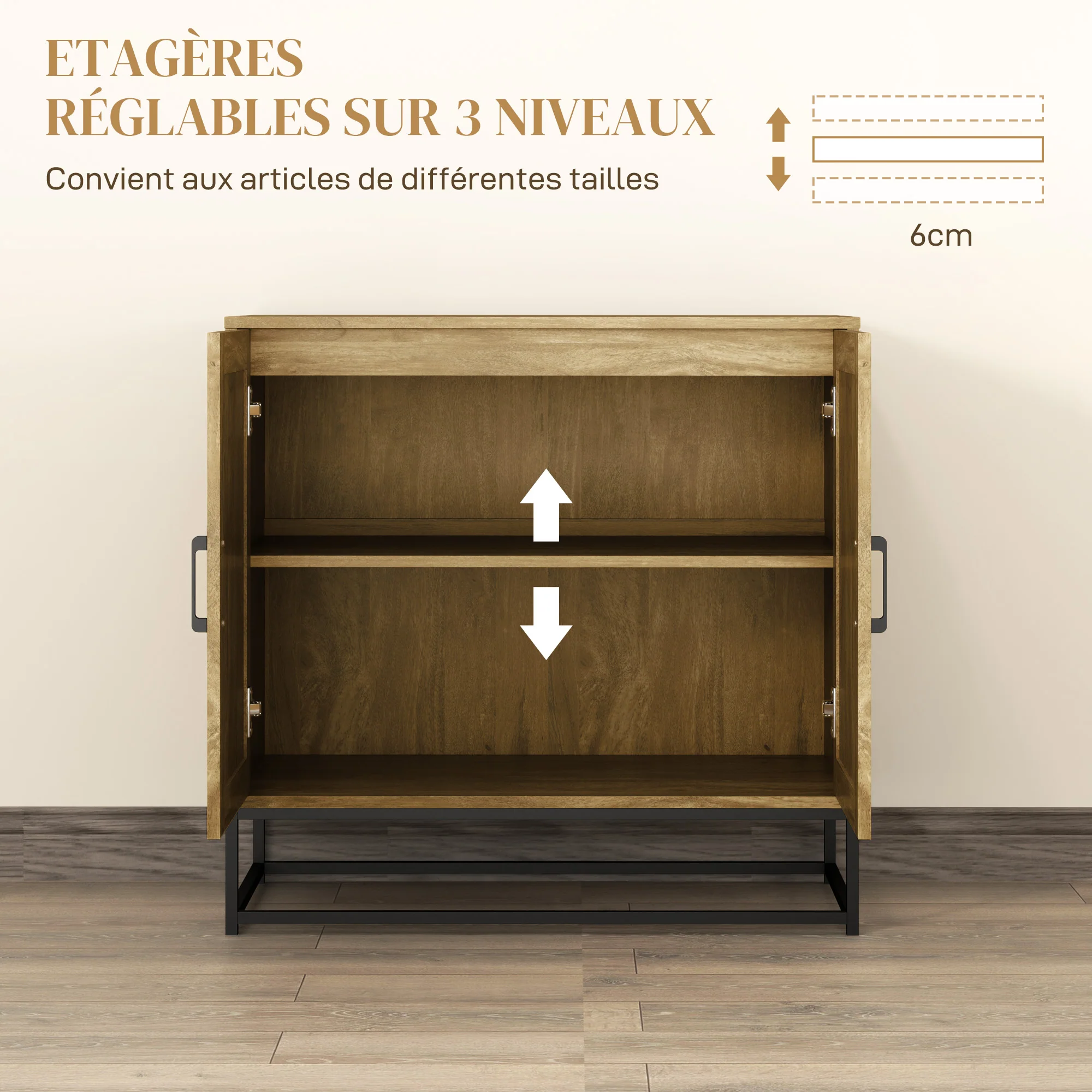 Buffet salon meuble de rangement style moderne avec placard à 2 portes, étagère réglable - buffet salle à manger et salon, 80 x 40 x 78 cm, bois naturel - Image 7