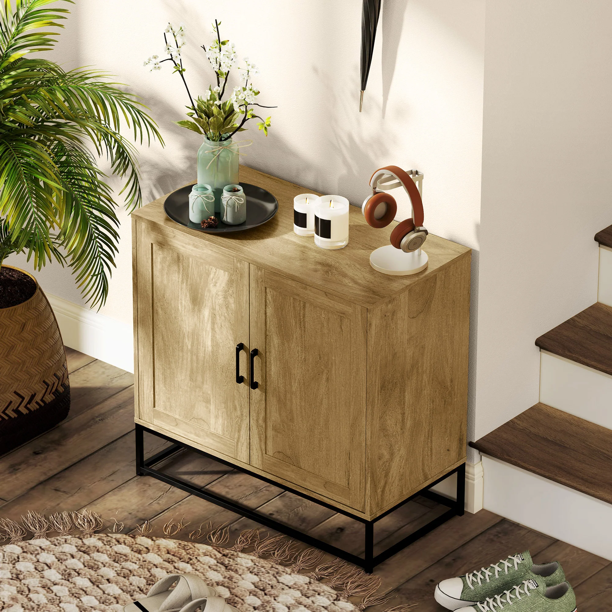 Buffet salon meuble de rangement style moderne avec placard à 2 portes, étagère réglable - buffet salle à manger et salon, 80 x 40 x 78 cm, bois naturel - Image 8