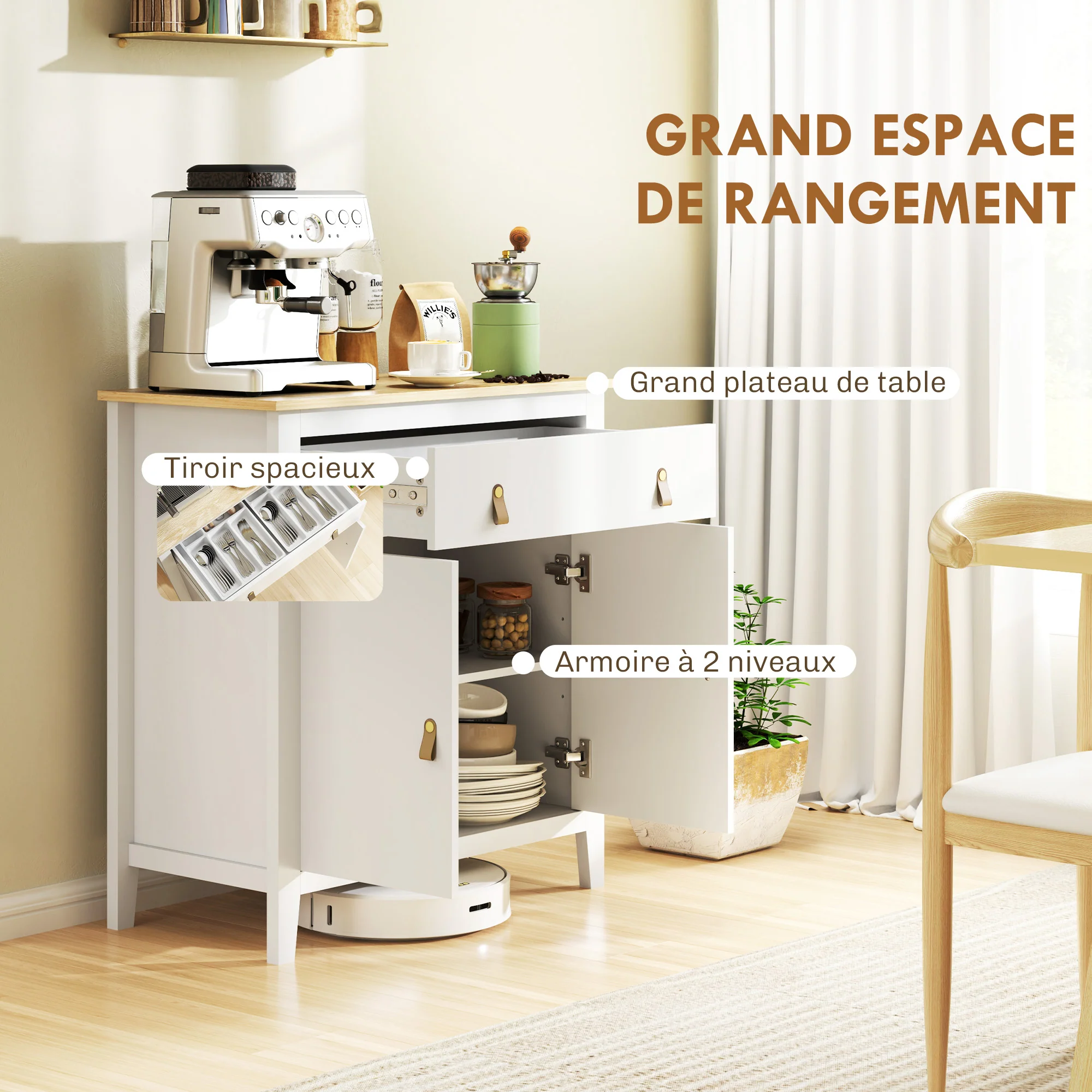 Buffet salon meuble de rangement style moderne avec placard à 2 portes, tiroir et étagère réglable - buffet salle à manger et salon, 80 x 40 x 90 cm, blanc - Image 5