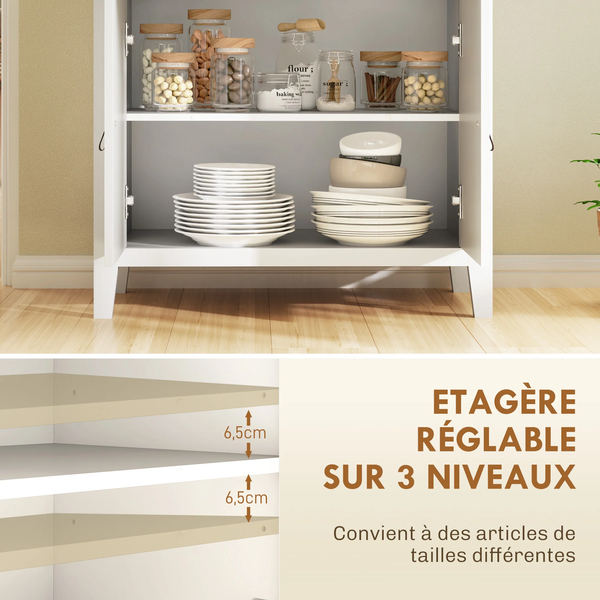 Buffet salon meuble de rangement style moderne avec placard à 2 portes, tiroir et étagère réglable - buffet salle à manger et salon, 80 x 40 x 90 cm, blanc - Image 6