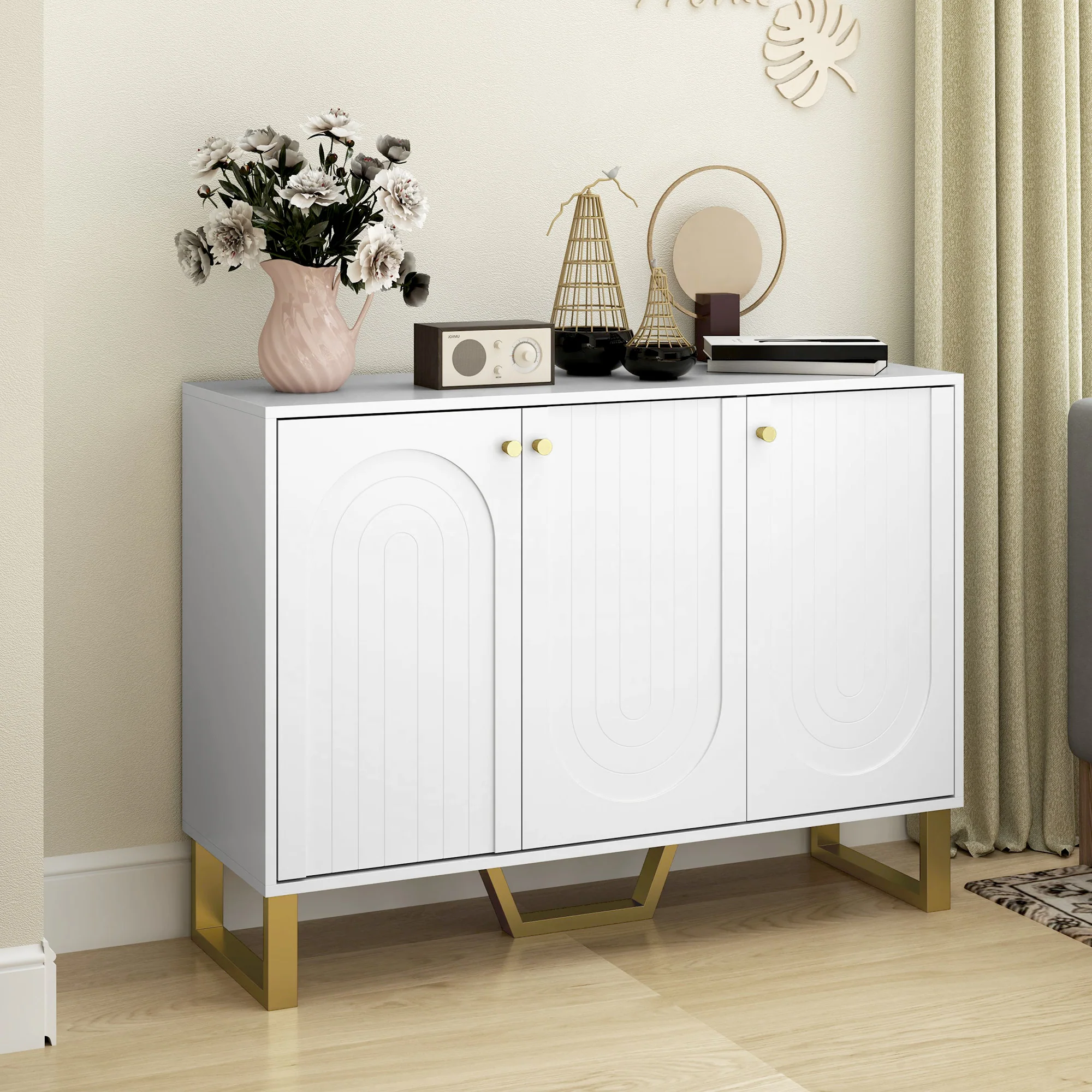 Buffet salon meuble de rangement style moderne avec placard à portes et étagère réglable, meuble TV pour téléviseur 50 pouces, buffet salle à manger et salon, 106,5 x 35 x 77,5 cm, blanc - Image 3