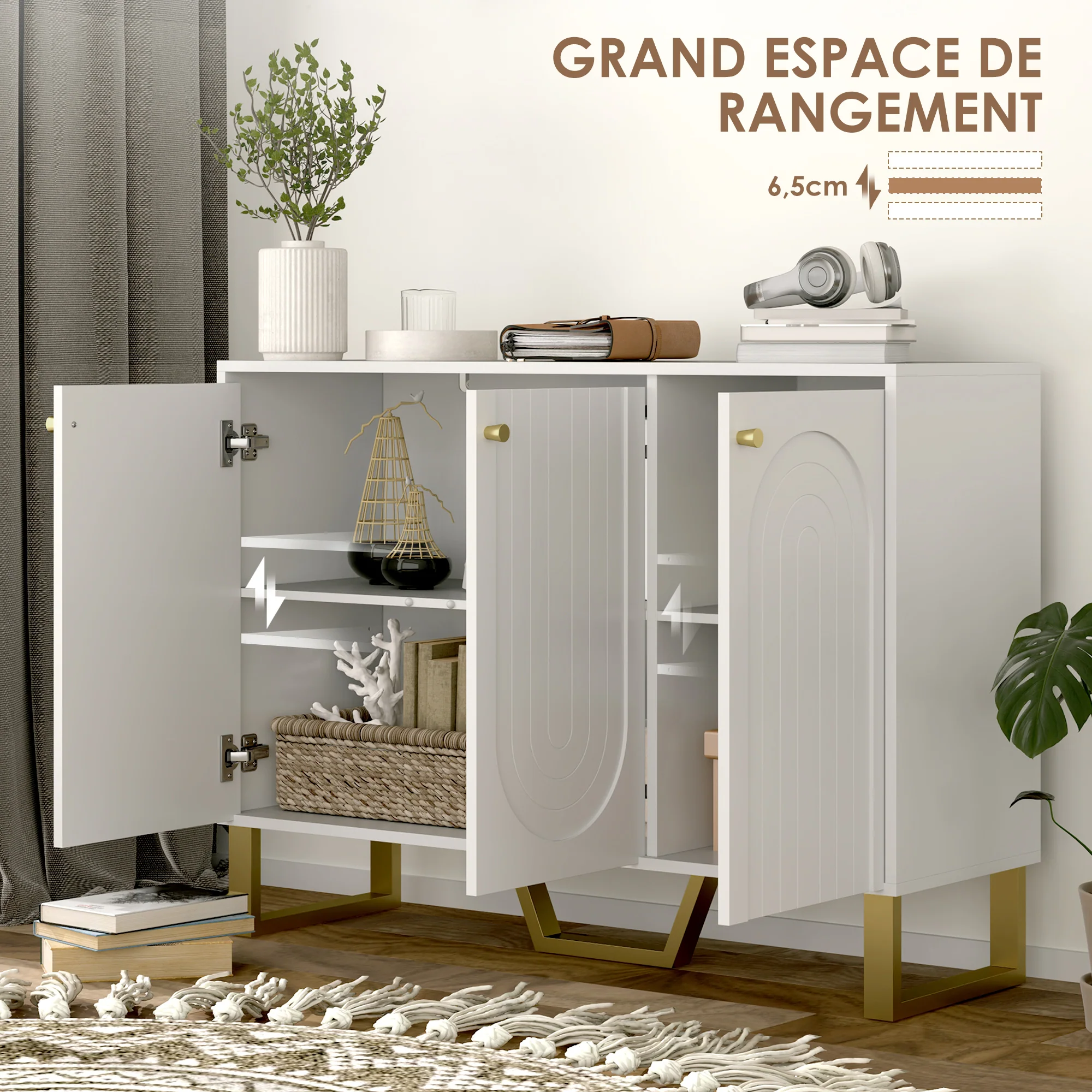 Buffet salon meuble de rangement style moderne avec placard à portes et étagère réglable, meuble TV pour téléviseur 50 pouces, buffet salle à manger et salon, 106,5 x 35 x 77,5 cm, blanc - Image 5