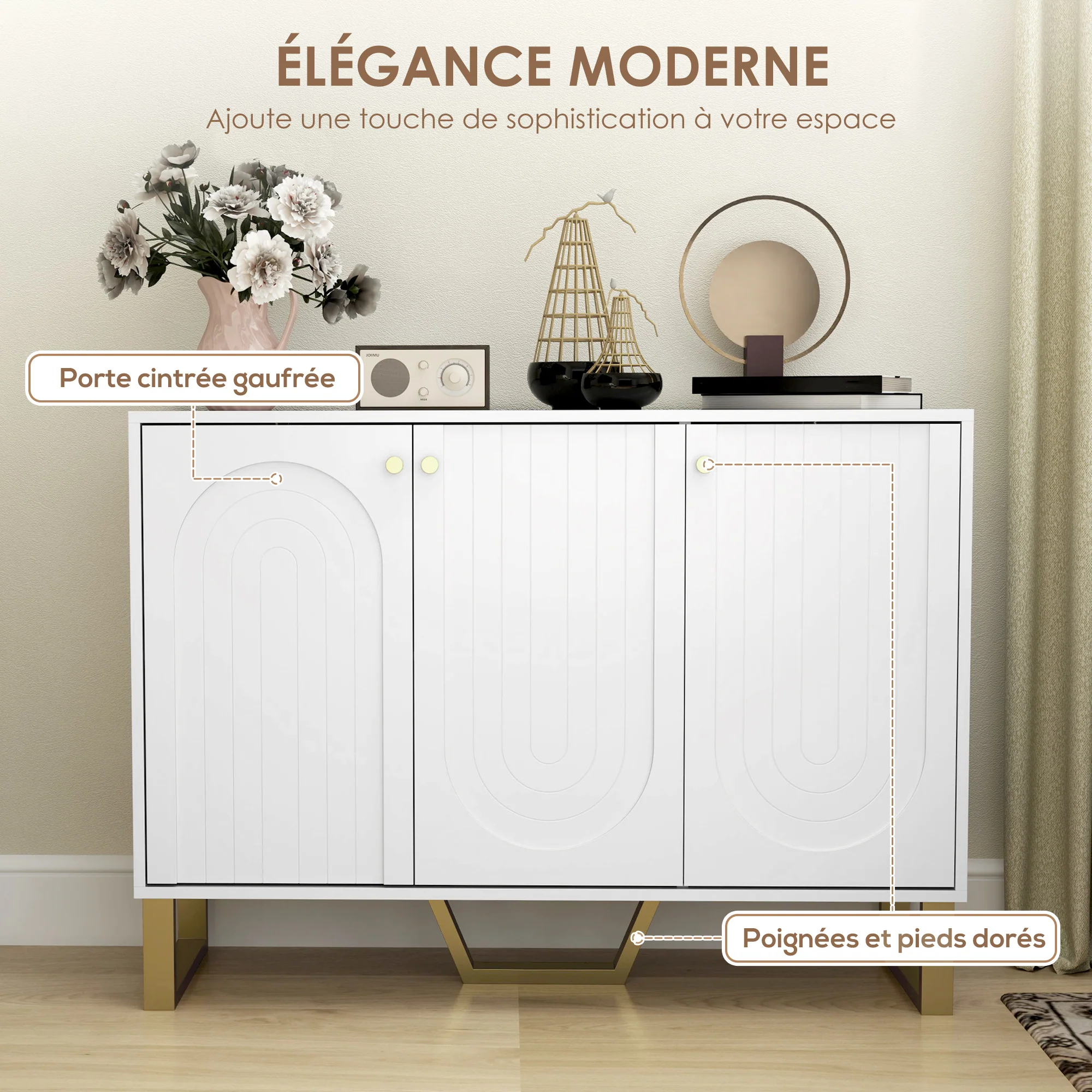 Buffet salon meuble de rangement style moderne avec placard à portes et étagère réglable, meuble TV pour téléviseur 50 pouces, buffet salle à manger et salon, 106,5 x 35 x 77,5 cm, blanc - Image 6
