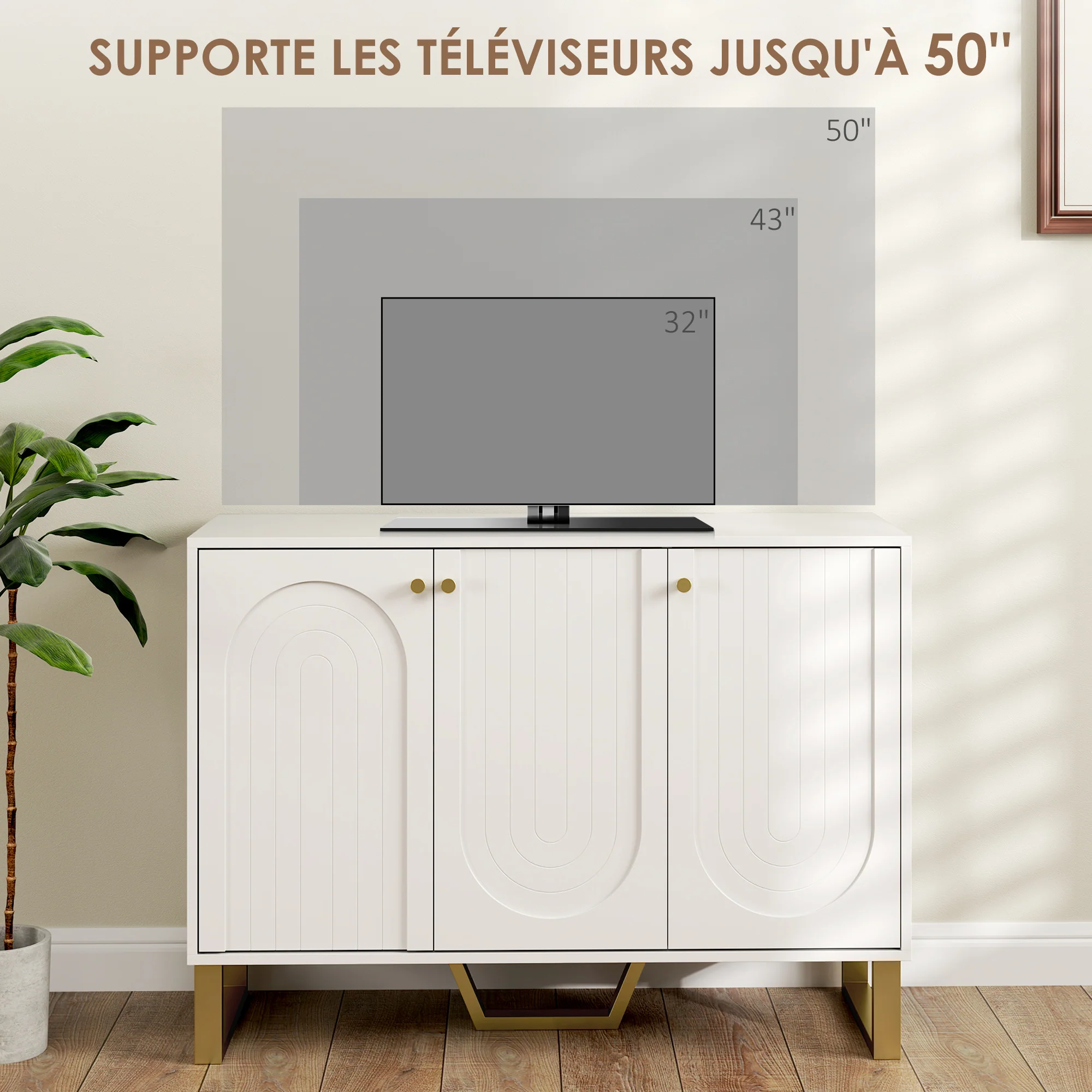 Buffet salon meuble de rangement style moderne avec placard à portes et étagère réglable, meuble TV pour téléviseur 50 pouces, buffet salle à manger et salon, 106,5 x 35 x 77,5 cm, blanc - Image 7
