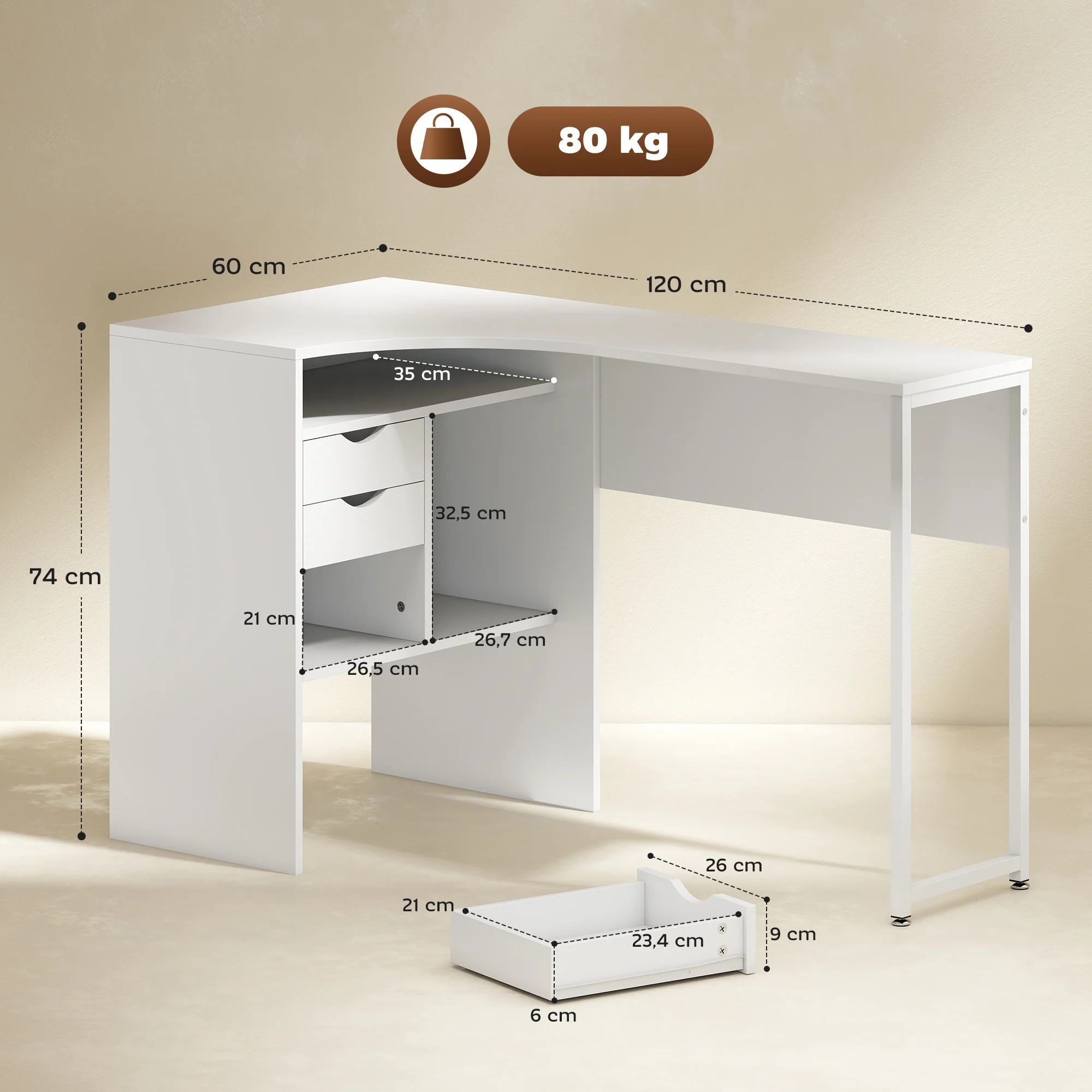 Bureau d'angle avec 2 tiroirs, 120 x 60 cm, bureau en L avec 3 compartiments ouverts, table informatique pour étudier, travailler, chambre, maison, blanc - Image 4