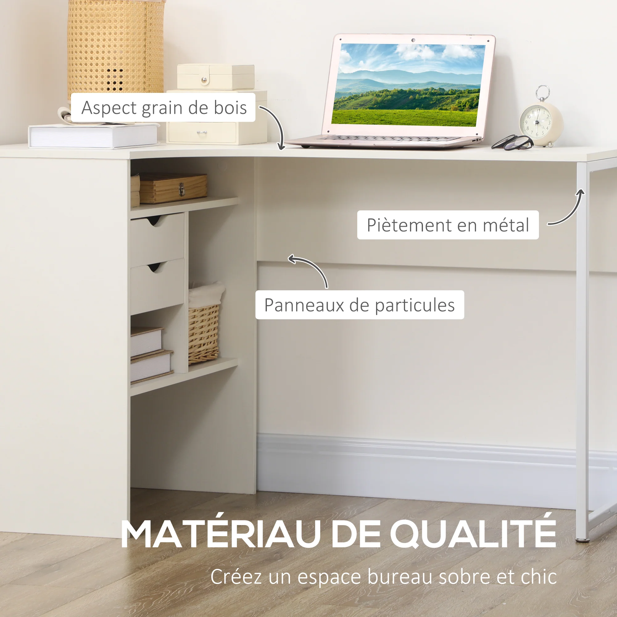 Bureau d'angle avec 2 tiroirs, 120 x 60 cm, bureau en L avec 3 compartiments ouverts, table informatique pour étudier, travailler, chambre, maison, blanc - Image 7