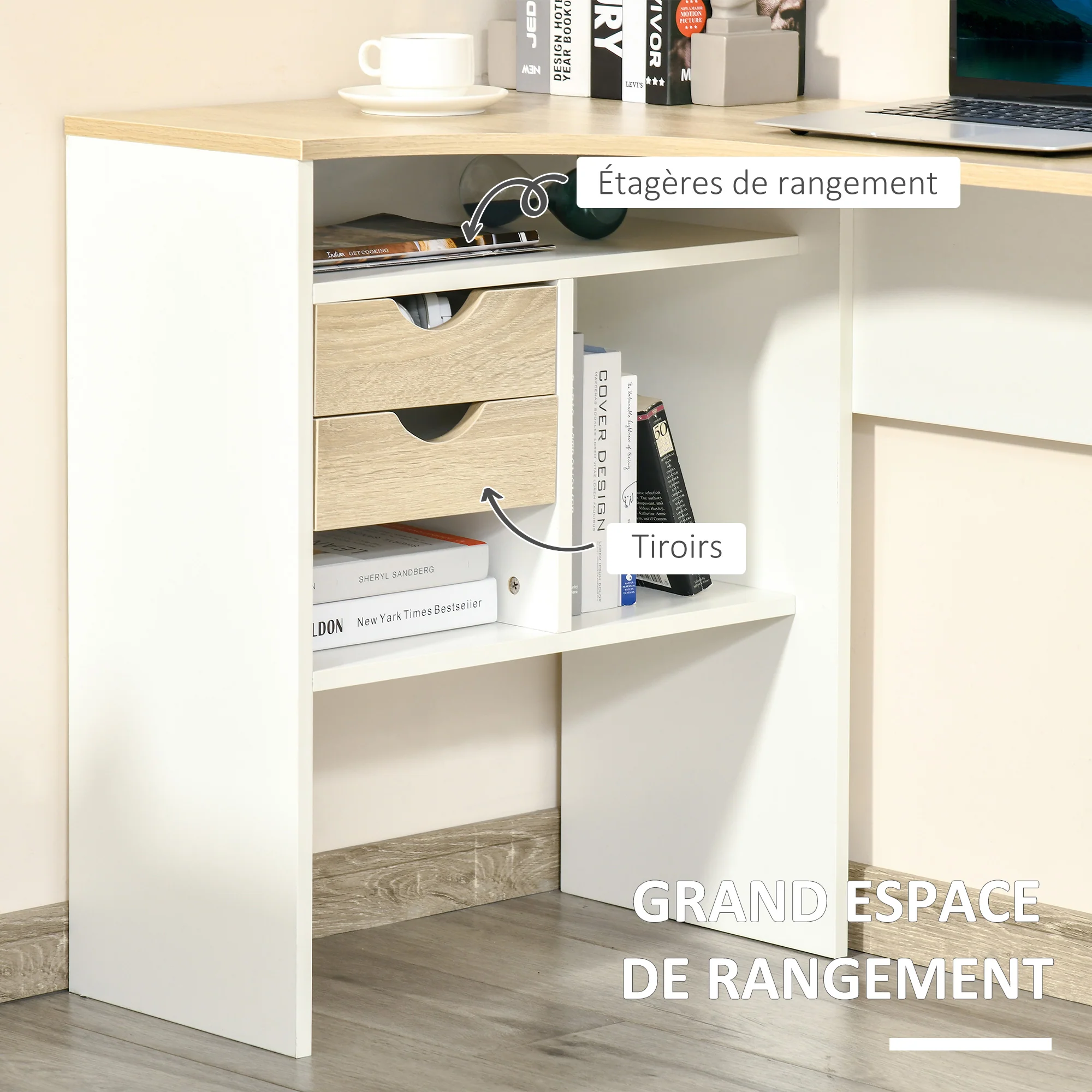 Bureau d'angle avec 2 tiroirs, 120 x 60 cm, bureau en L avec 3 compartiments ouverts, table informatique pour étudier, travailler, chambre, maison, aspect chêne clair - Image 5