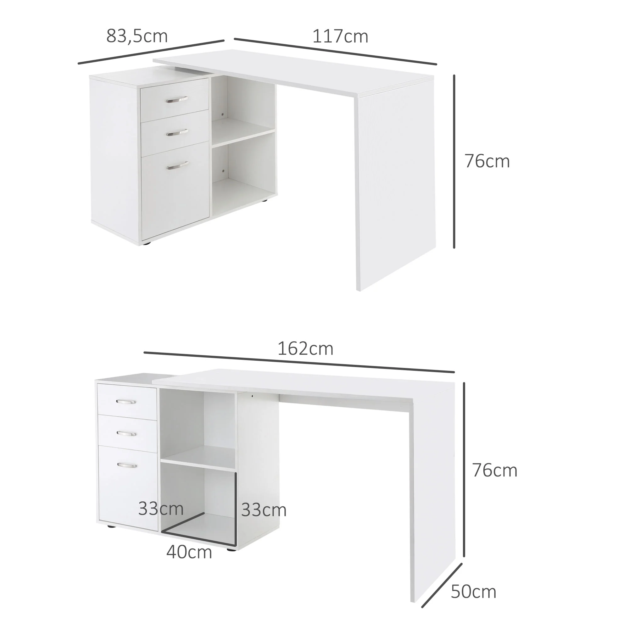 Bureau d'angle bureau droit modulable table de salle à manger 2 en 1 bureau informatique tiroirs x 3 + 2 niches MDF blanc - Image 4