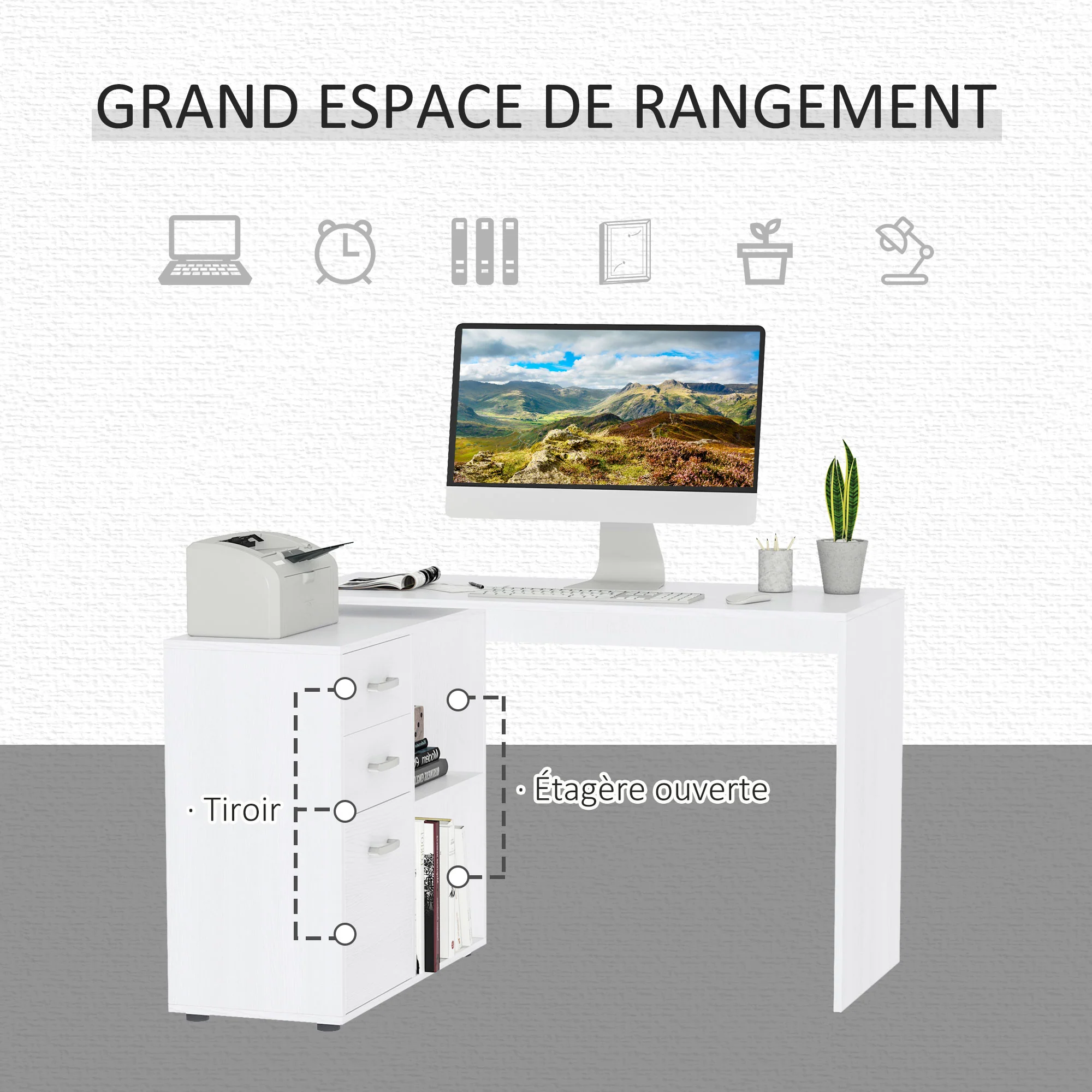 Bureau d'angle bureau droit modulable table de salle à manger 2 en 1 bureau informatique tiroirs x 3 + 2 niches MDF blanc - Image 5