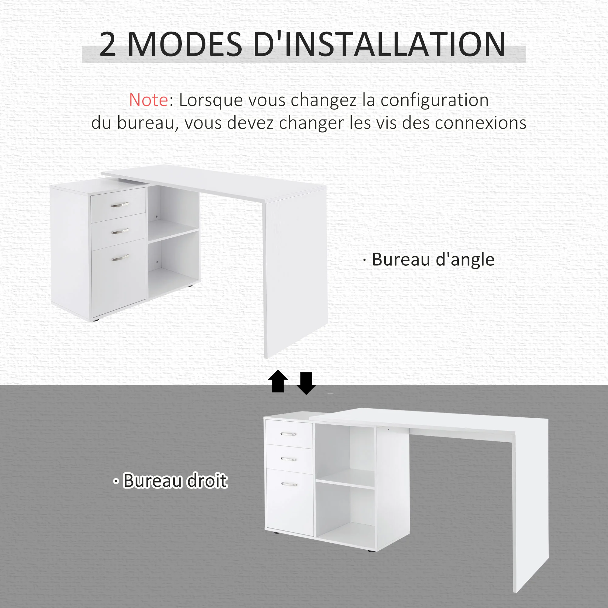 Bureau d'angle bureau droit modulable table de salle à manger 2 en 1 bureau informatique tiroirs x 3 + 2 niches MDF blanc - Image 6
