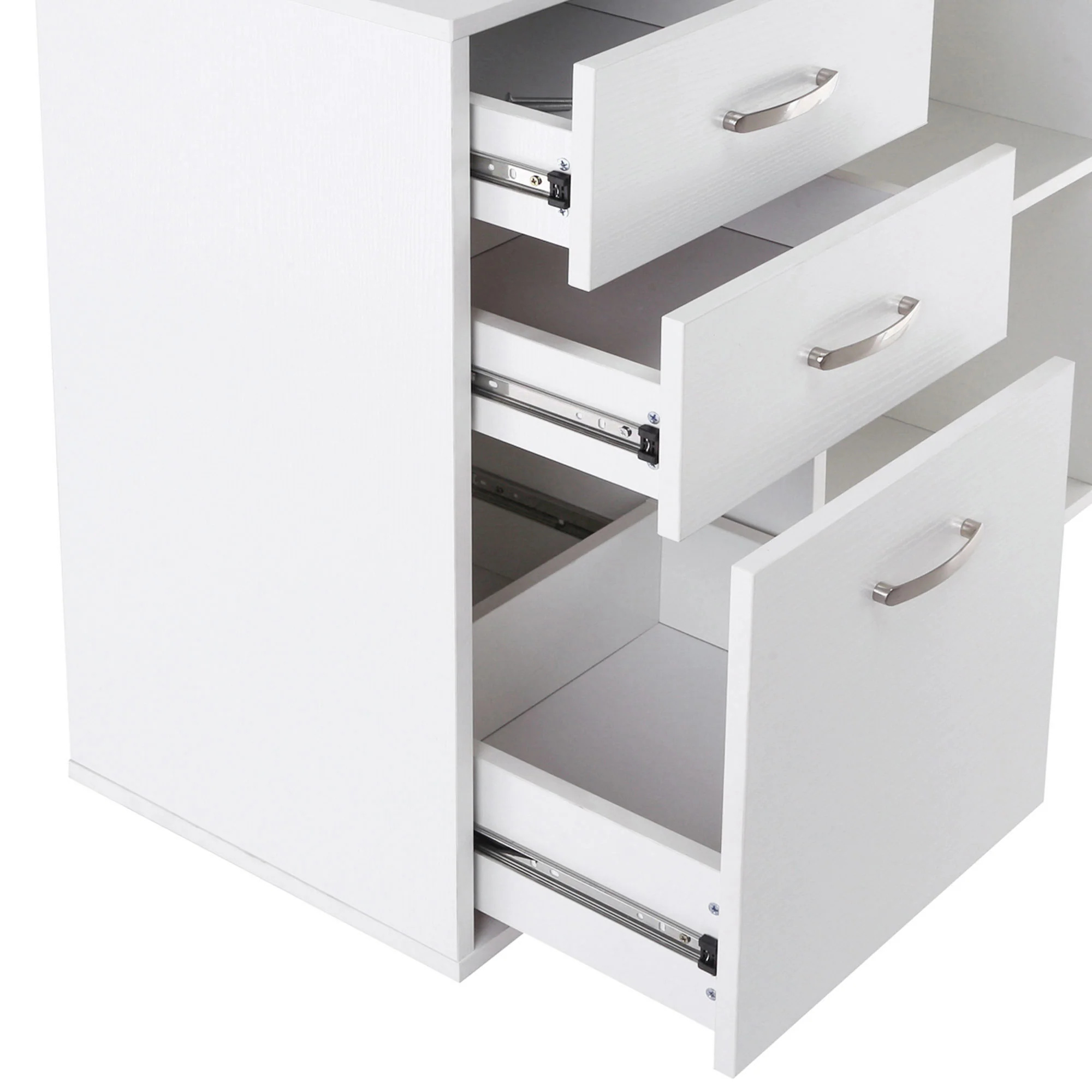 Bureau d'angle bureau droit modulable table de salle à manger 2 en 1 bureau informatique tiroirs x 3 + 2 niches MDF blanc - Image 9