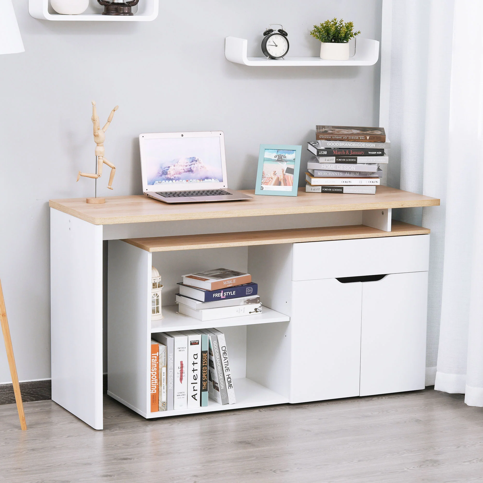 Bureau d'angle Bureau Informatique multimédia modulable Multi-rangements Double Niche + tiroir et Placard en Bois Clair Blanc - Image 3