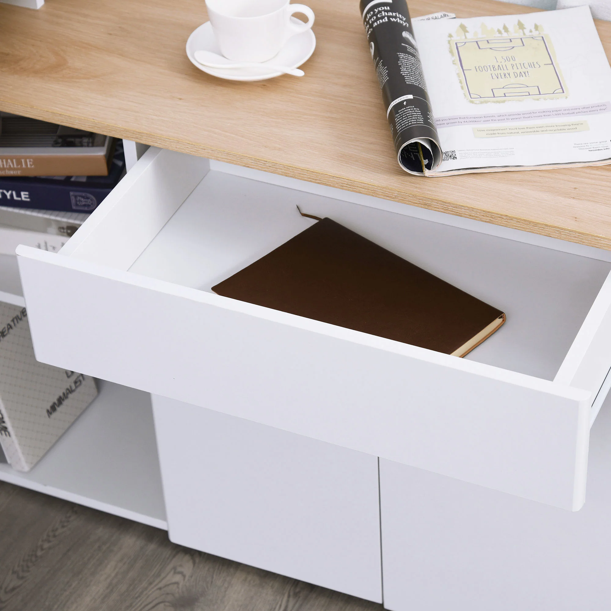 Bureau d'angle Bureau Informatique multimédia modulable Multi-rangements Double Niche + tiroir et Placard en Bois Clair Blanc - Image 8