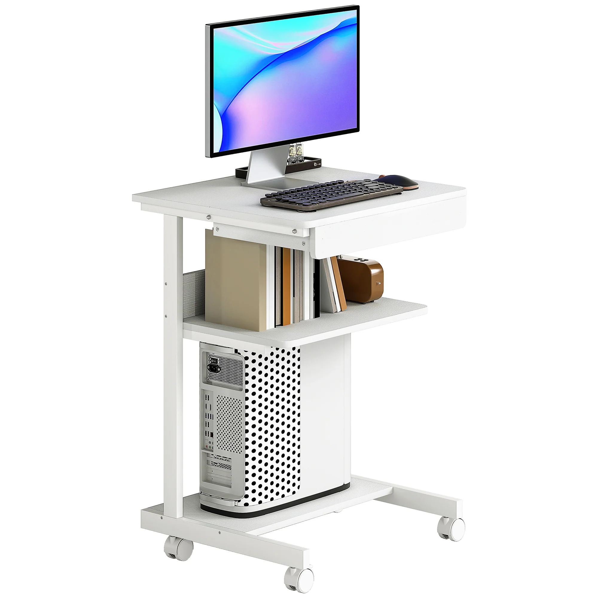Bureau d'ordinateur sur roues, bureau avec rangement 56 x 51 cm avec tiroir, compartiment et support CPU, table informatique pour étudier pour petits espaces chambre, blanc - Image 11