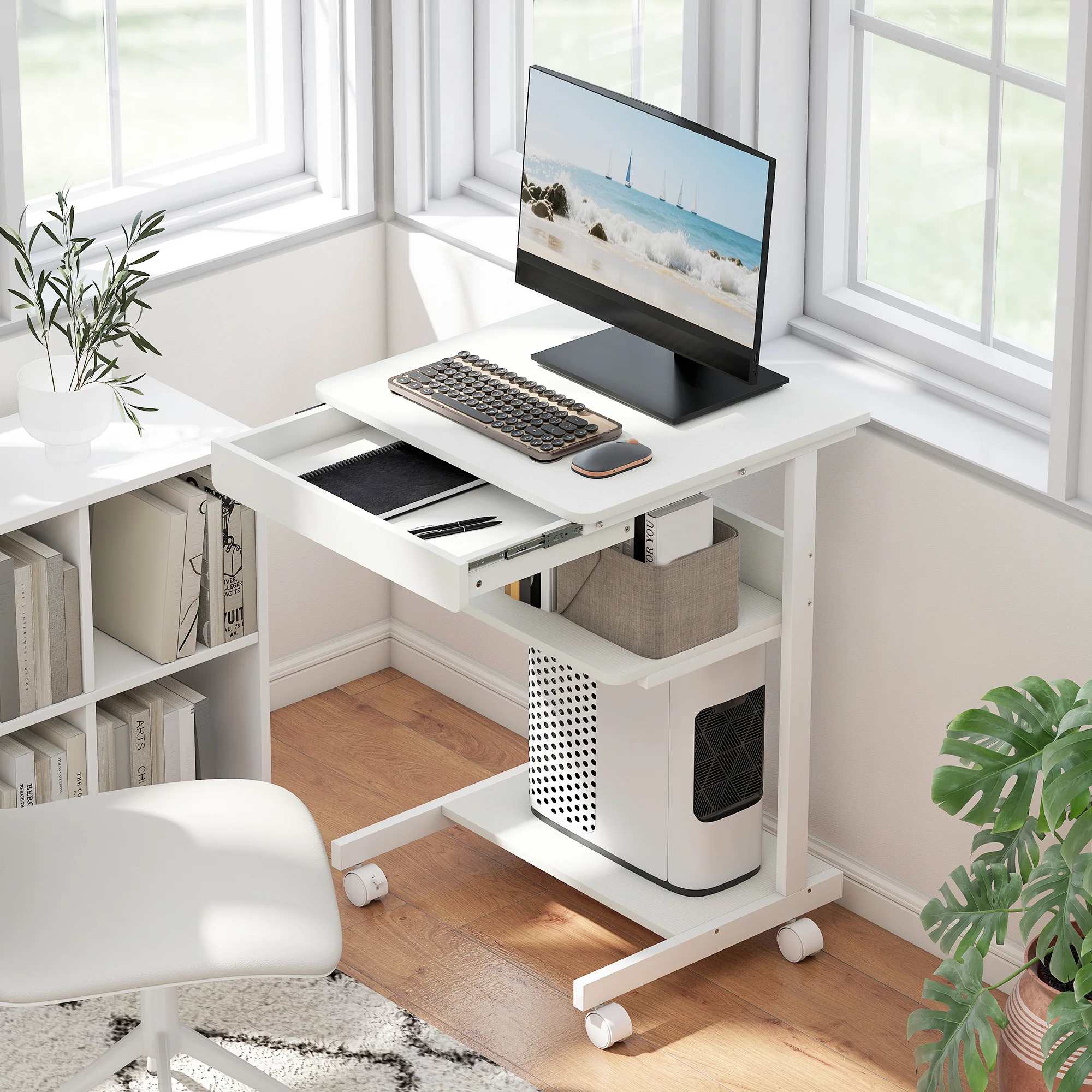 Bureau d'ordinateur sur roues, bureau avec rangement 56 x 51 cm avec tiroir, compartiment et support CPU, table informatique pour étudier pour petits espaces chambre, blanc - Image 3